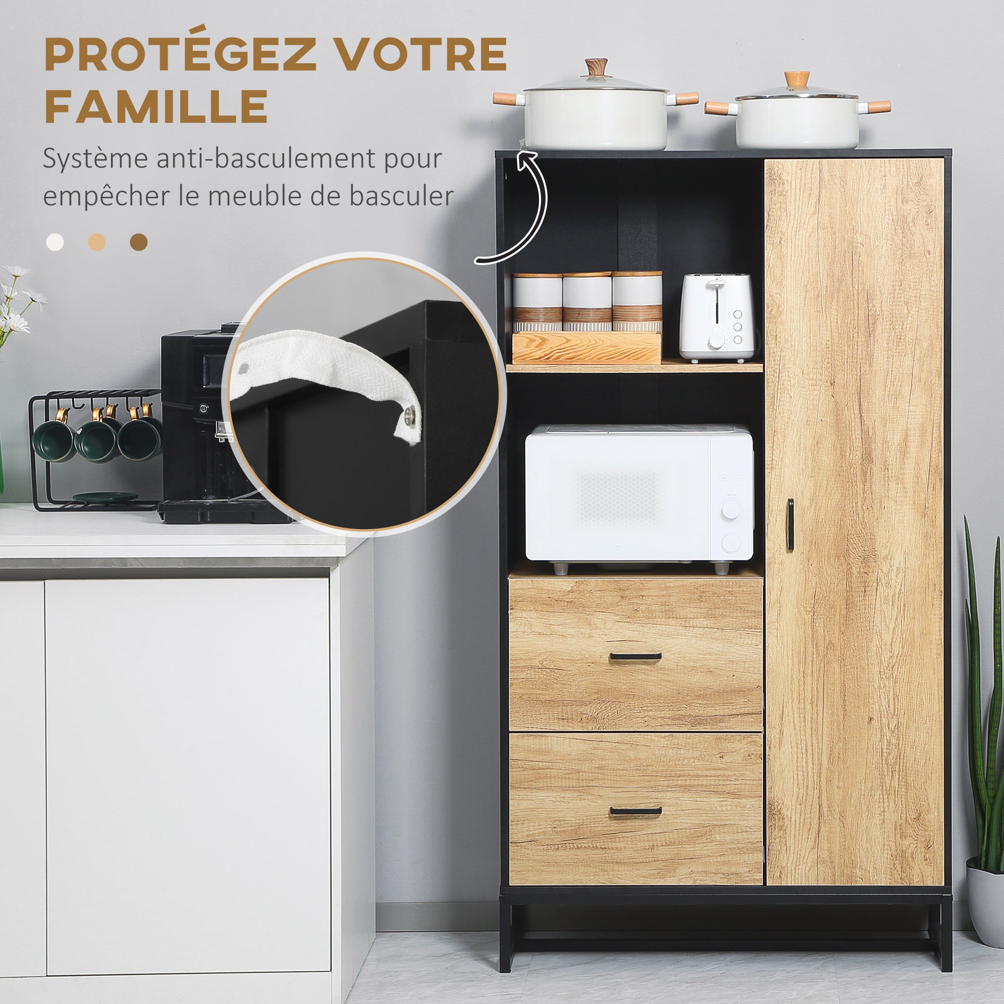 Kitchen Buffet Cabinet with Multi-Storage 2 Drawers, Cupboard, 2 Shelves, and Cable Management 88L x 35W x 160H cm - Black and Natural Wood Finish