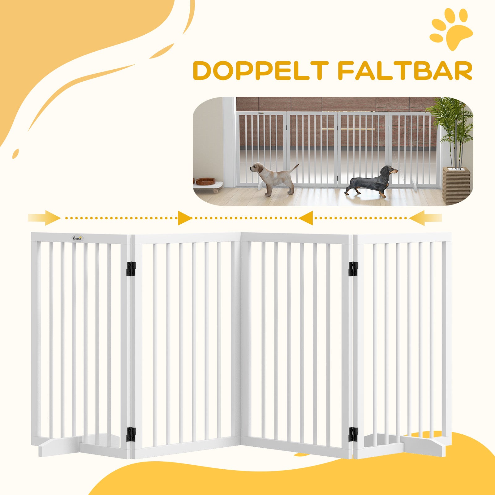 Dog Safety Gate 4-part 206 x 76 cm Foldable Door Safety Gate with 2 Support Feet Freestanding Dog Gate made of Wood Stair Gate for Hallway White