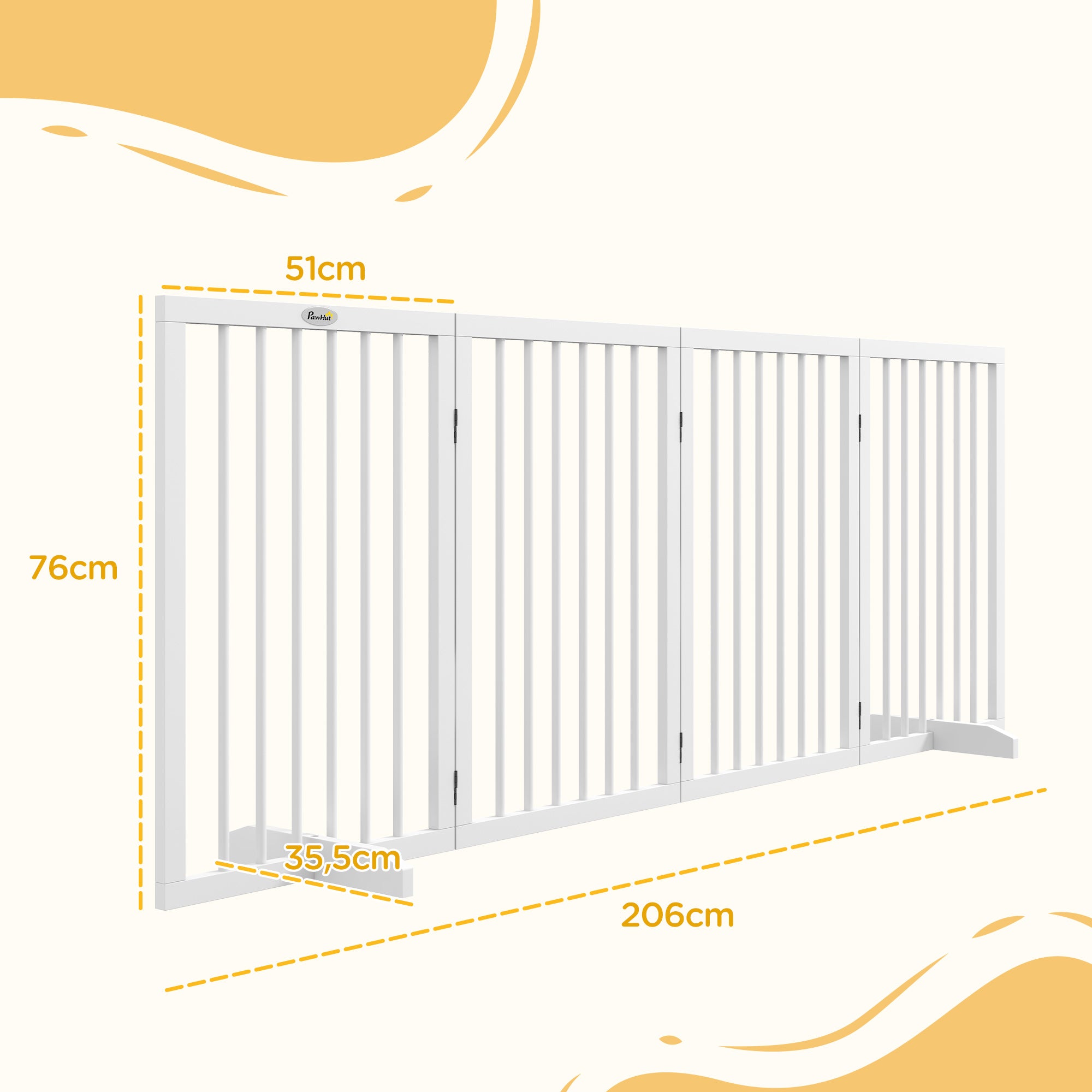 Dog Safety Gate 4-part 206 x 76 cm Foldable Door Safety Gate with 2 Support Feet Freestanding Dog Gate made of Wood Stair Gate for Hallway White