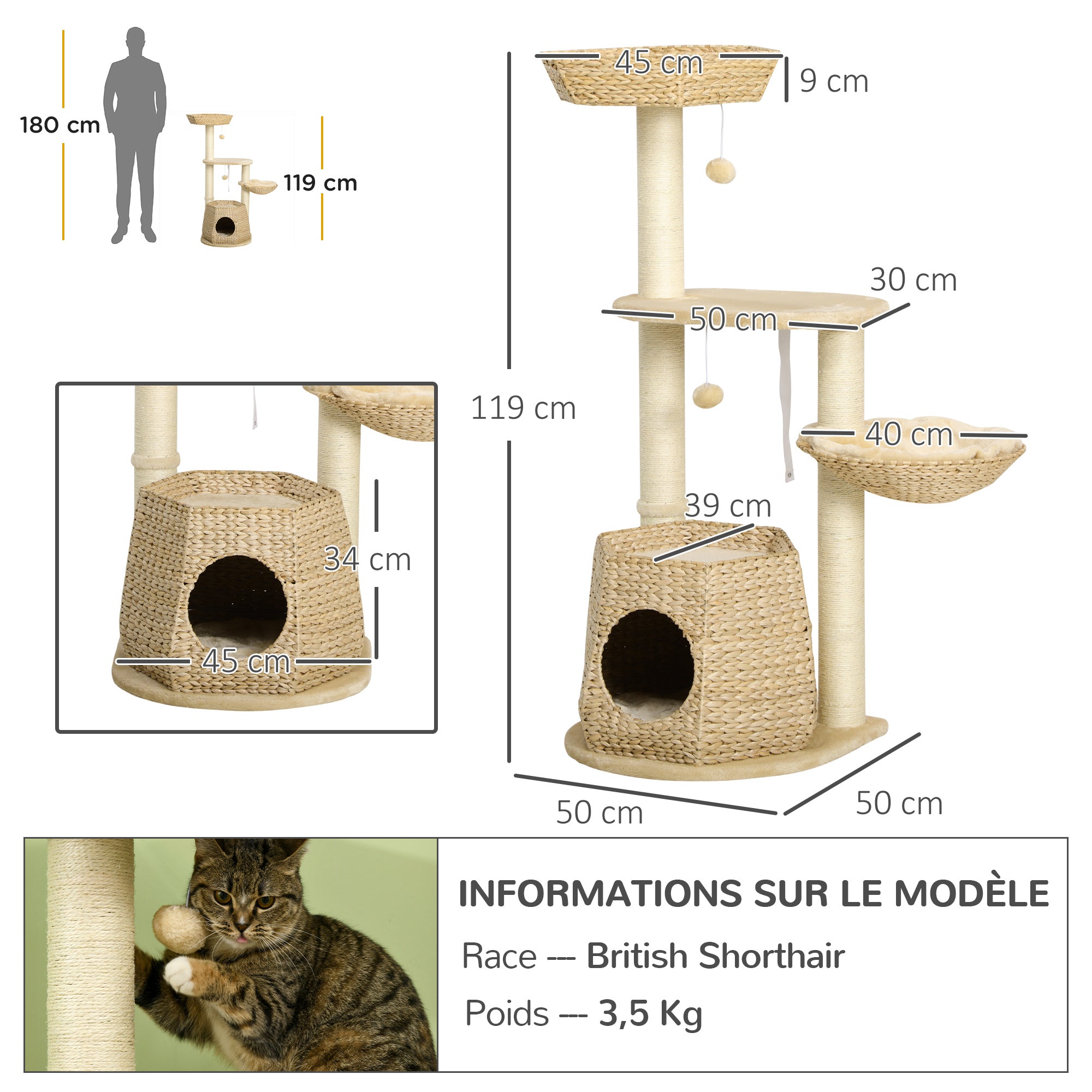 Cat Tree Climbing Scratcher for Cat 119 cm Height Reinforced Columns with Hiding Spot Hammock 2 Hanging Balls