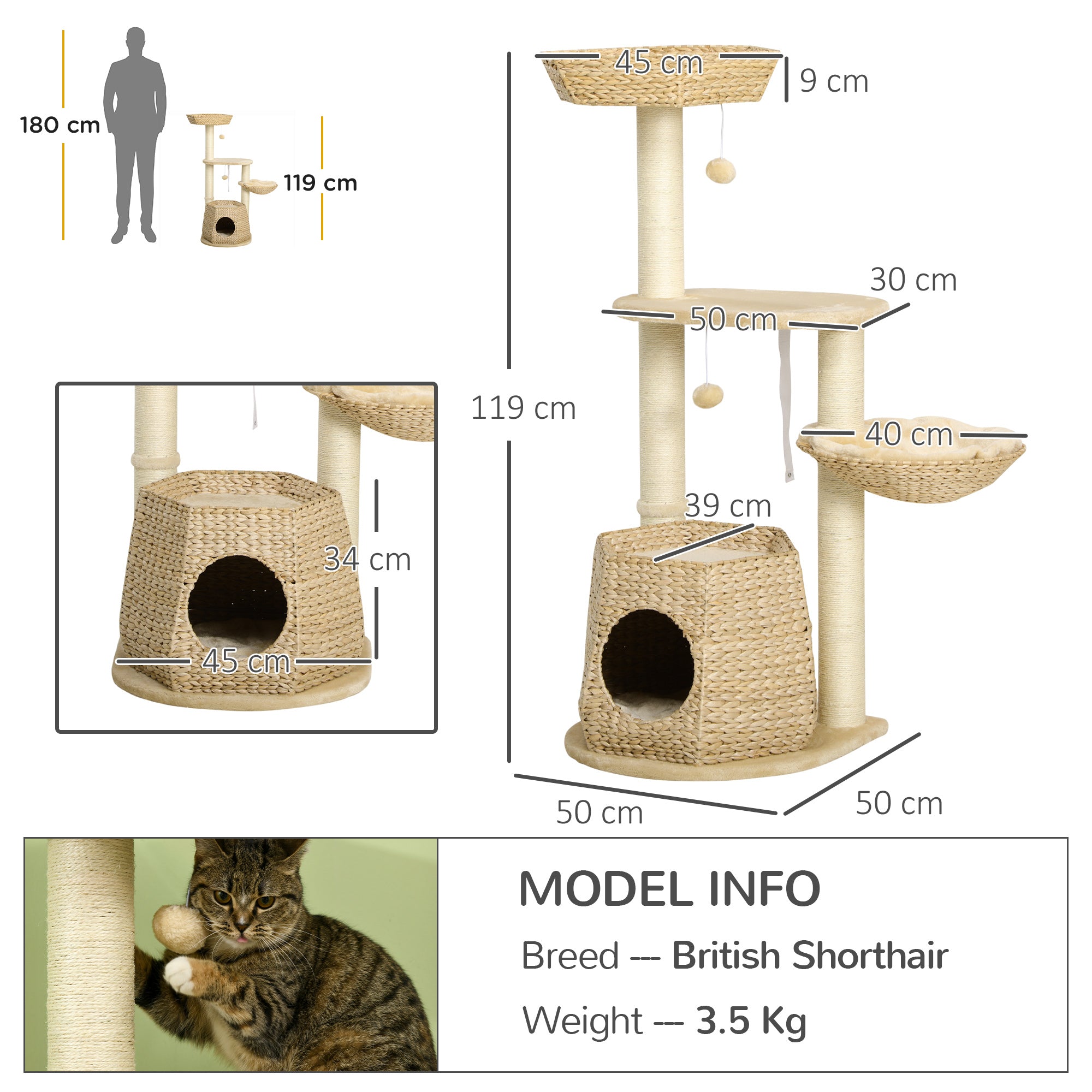 Cat Tree Climbing Scratcher for Cat 119 cm Height Reinforced Columns with Hiding Spot Hammock 2 Hanging Balls