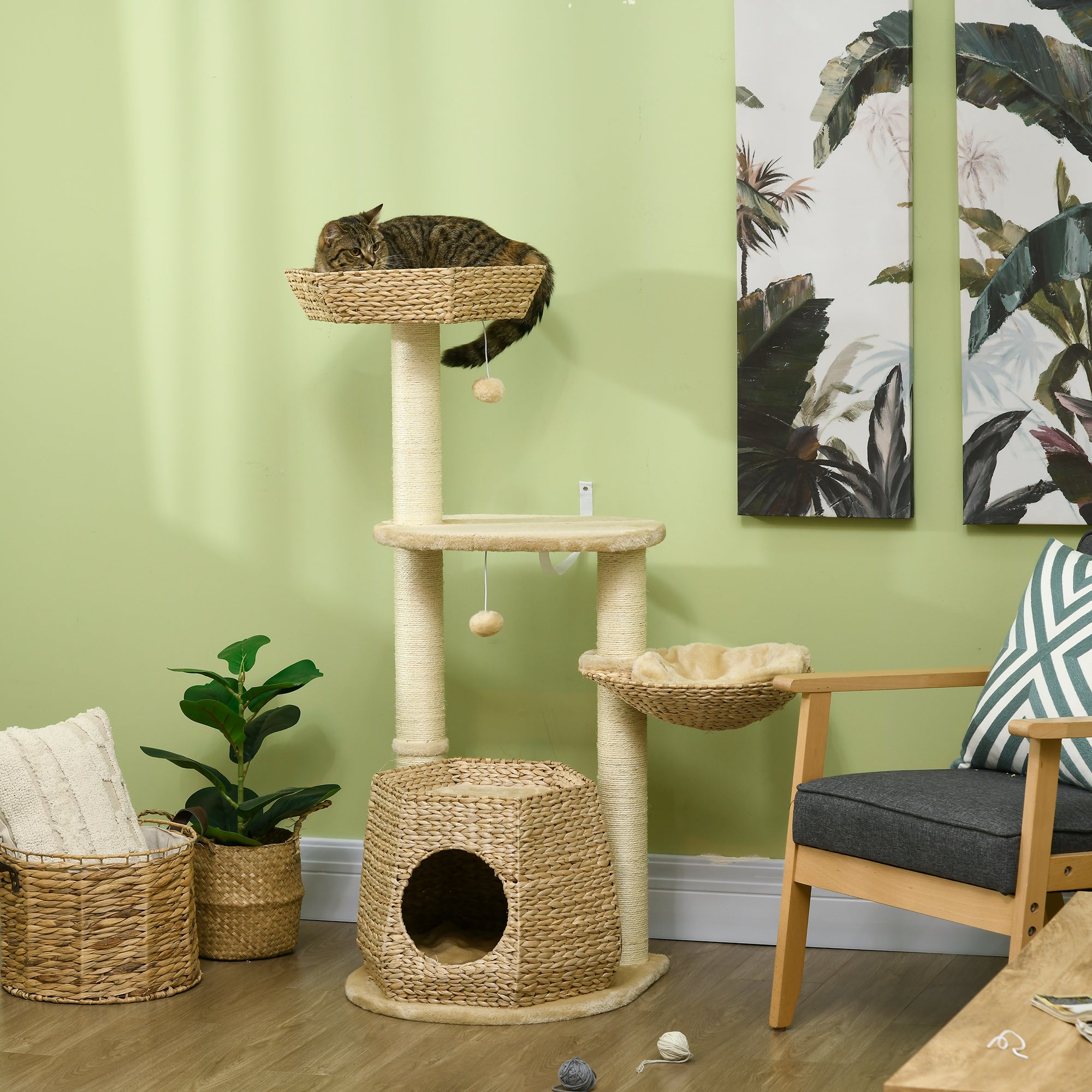 Cat Tree Climbing Scratcher for Cat 119 cm Height Reinforced Columns with Hiding Spot Hammock 2 Hanging Balls