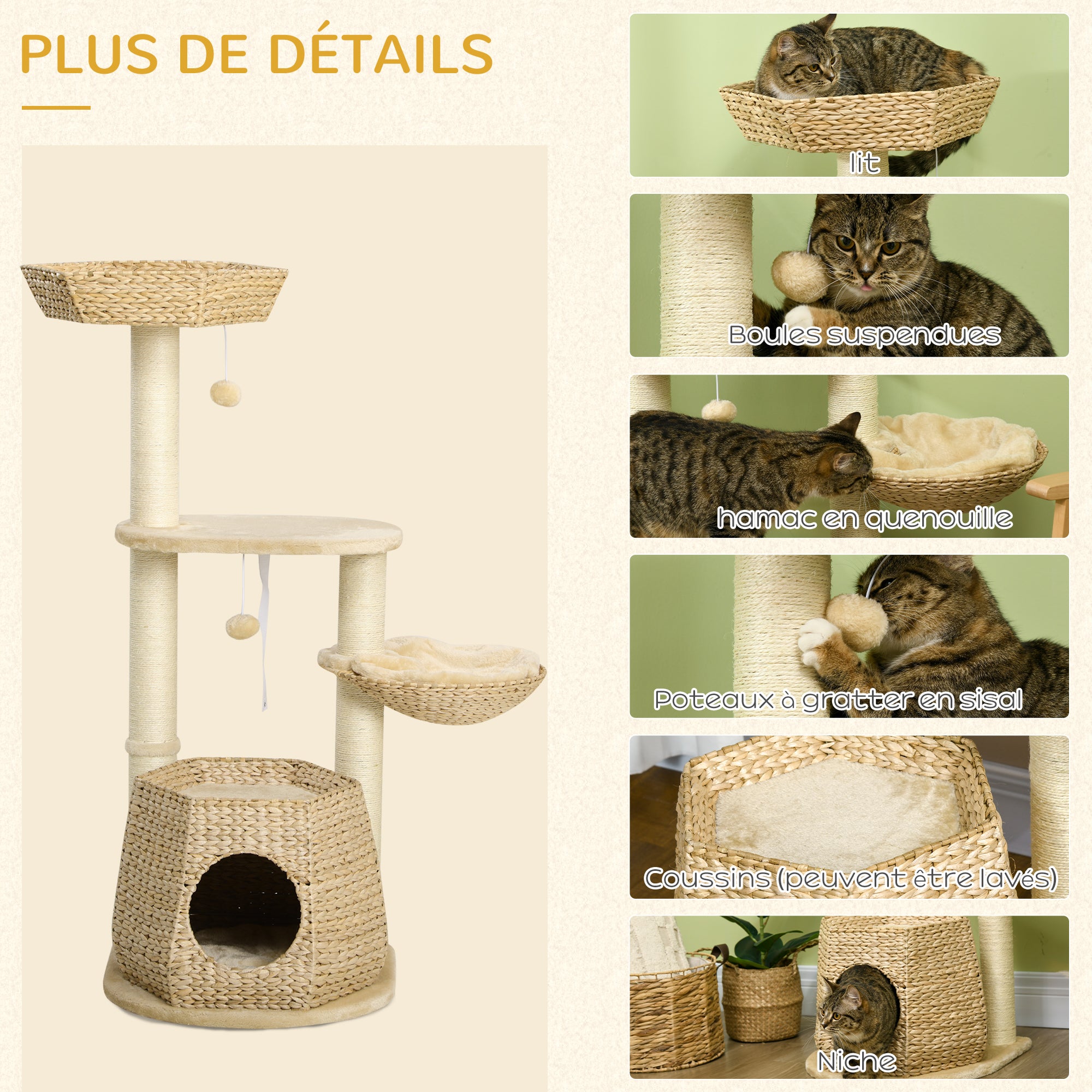 Cat Tree Climbing Scratcher for Cat 119 cm Height Reinforced Columns with Hiding Spot Hammock 2 Hanging Balls
