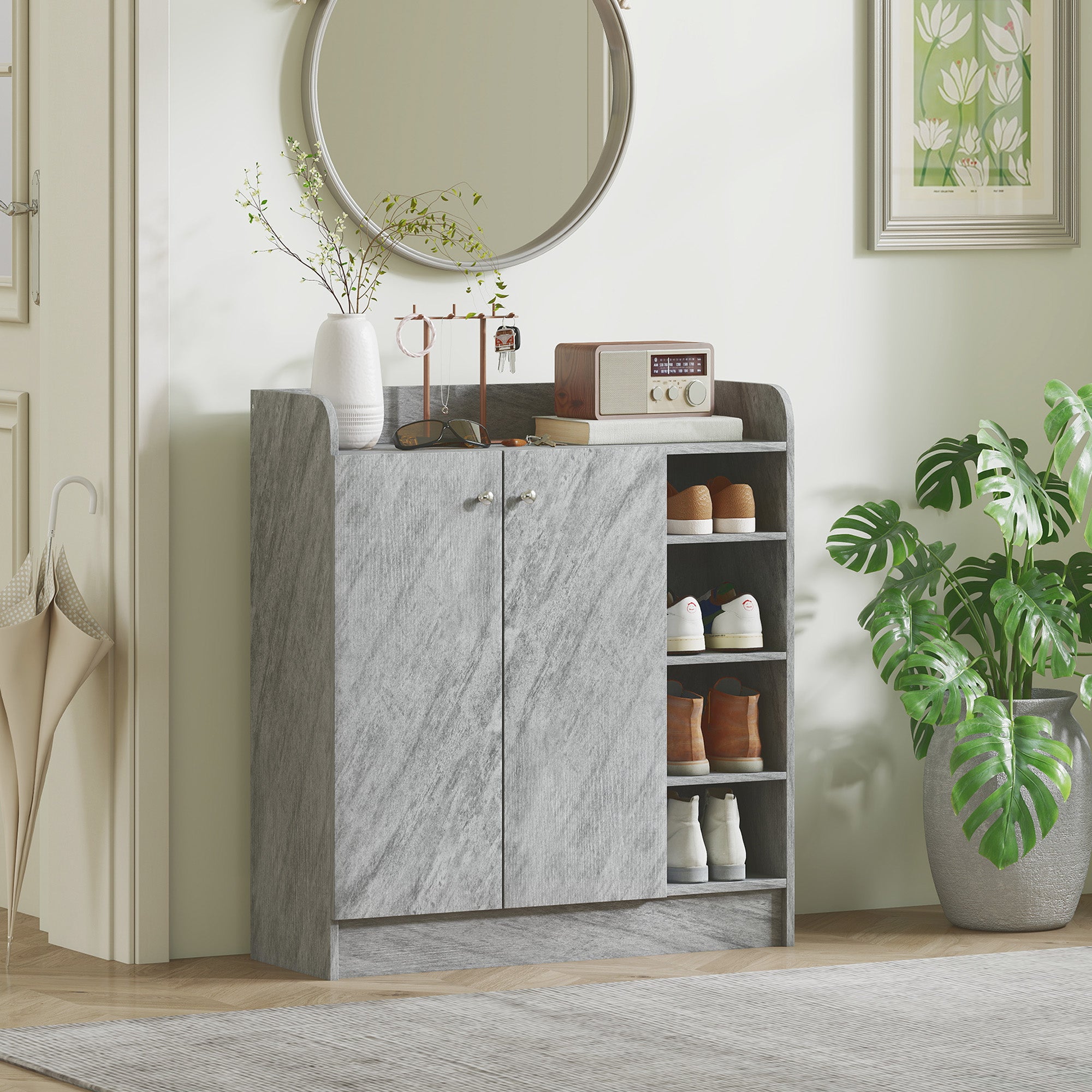 Shoe Cabinet with 4 Compartments – Holds 12 Pairs, 83 x 30 x 90 cm (Gray)