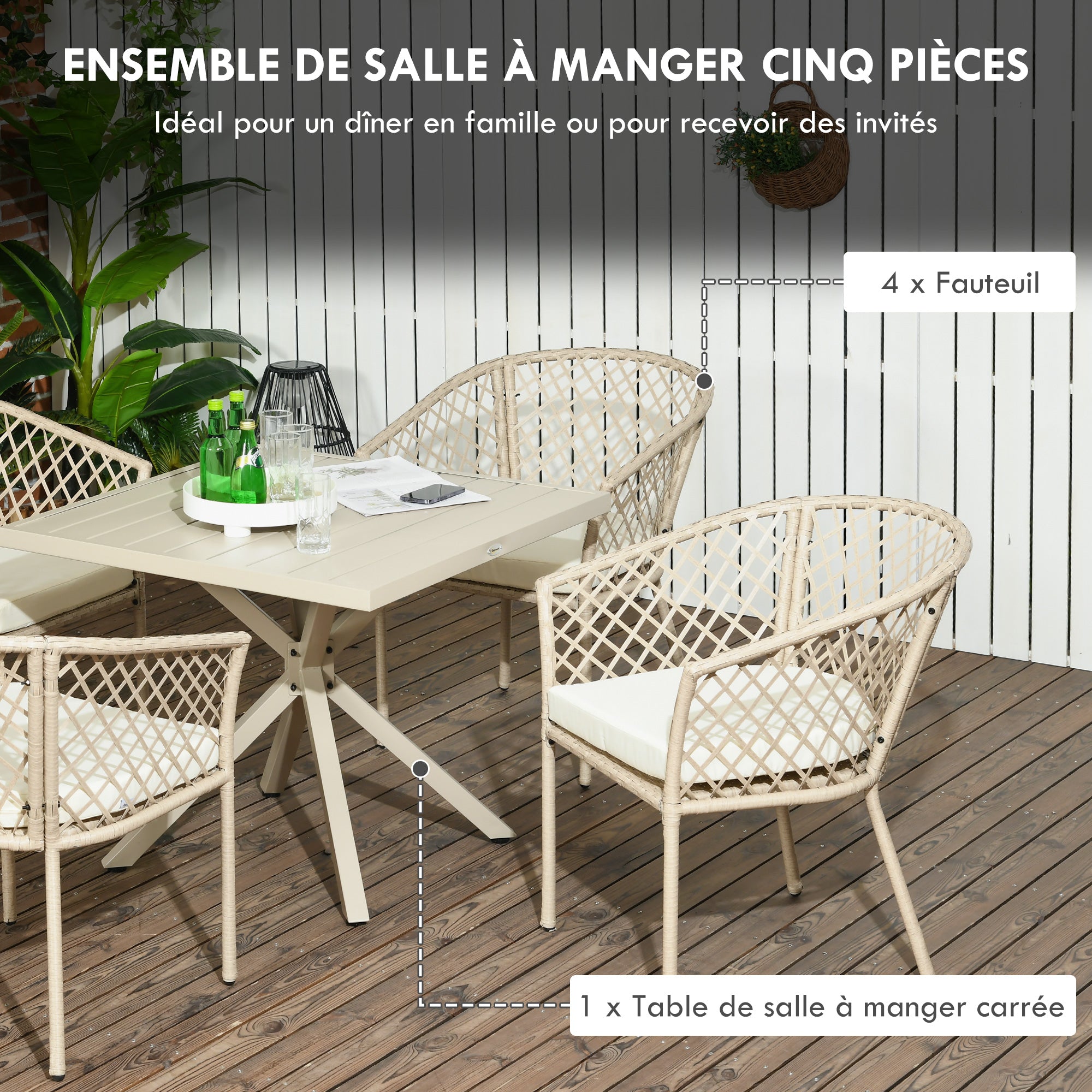 5-Piece Garden Dining Set with 4 Chairs and 1 Square Table, Cushions Included, Metal and Rattan Effect Resin Braided Rope, Beige