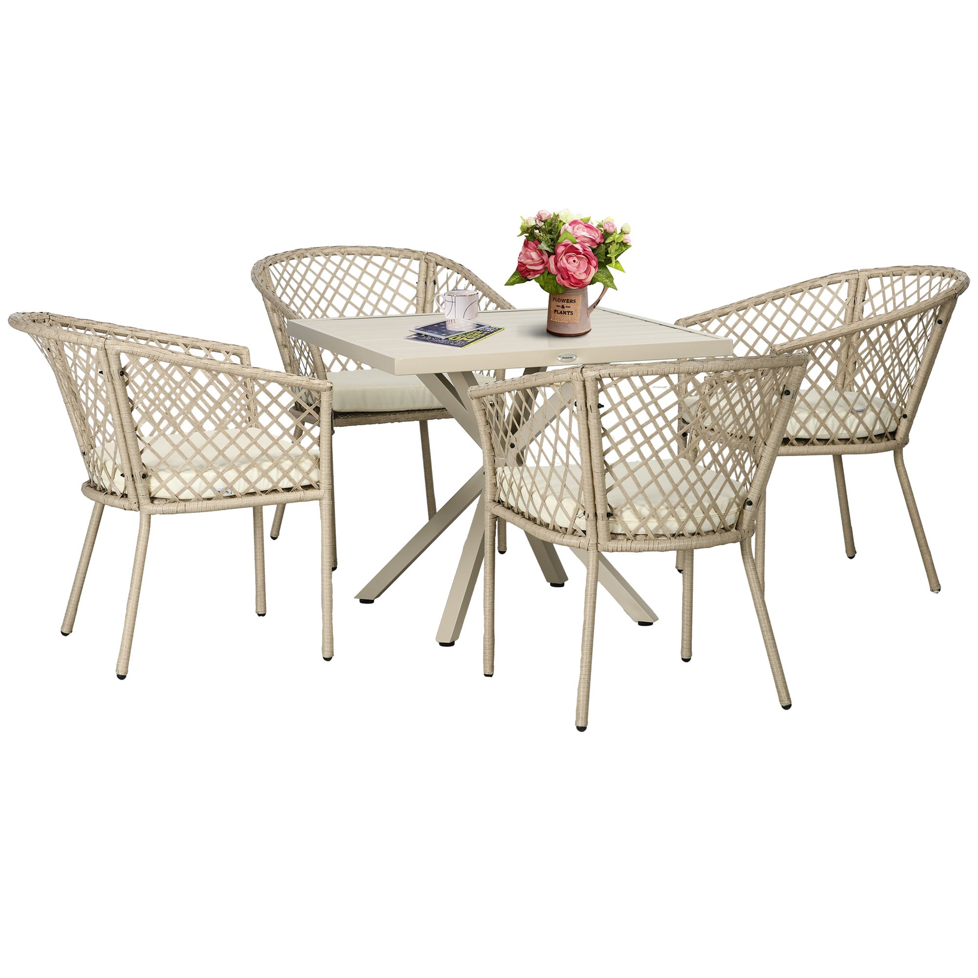5-Piece Garden Dining Set with 4 Chairs and 1 Square Table, Cushions Included, Metal and Rattan Effect Resin Braided Rope, Beige