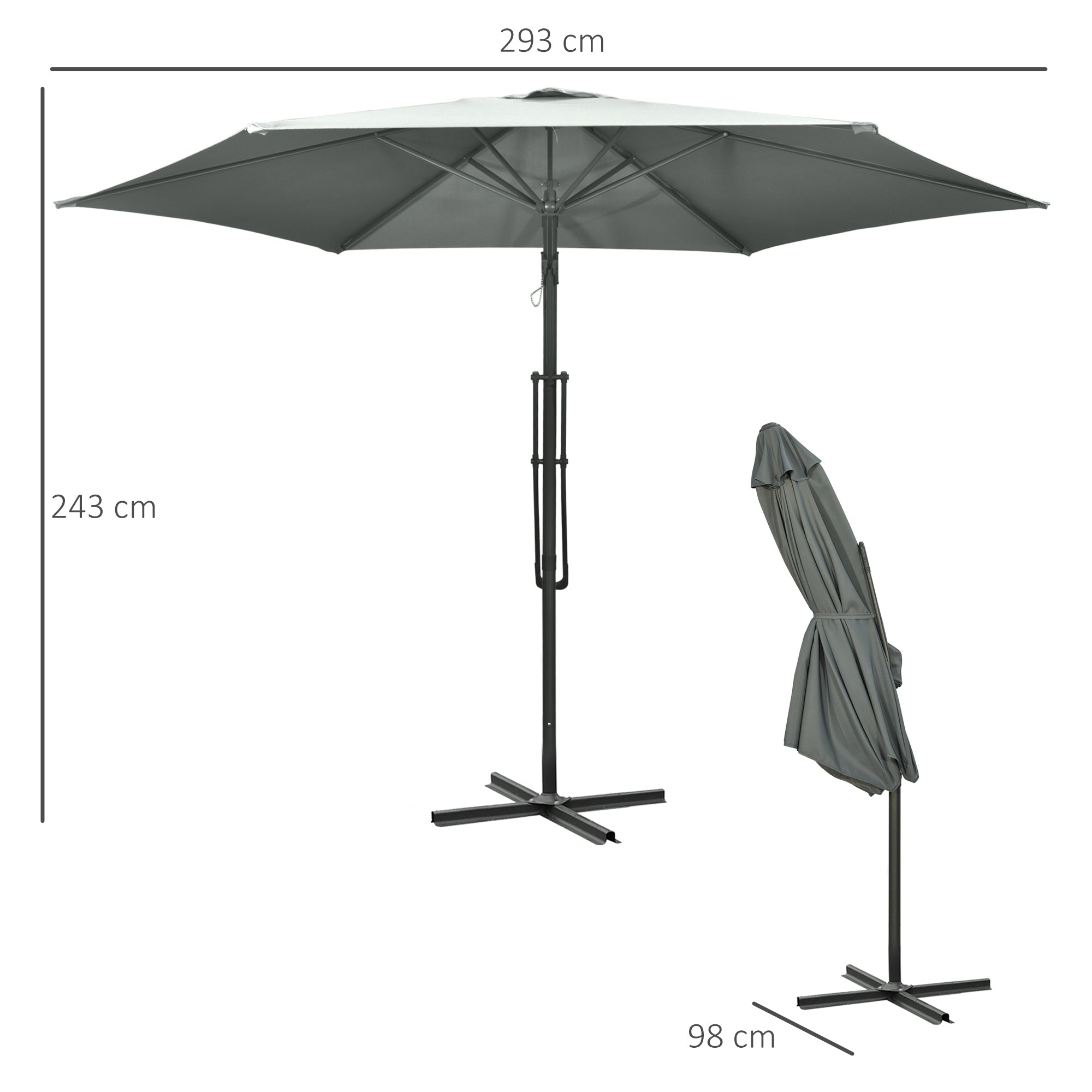 Offset Cantilever Umbrella Ø 293 cm (9.6 ft) – Side Lever, Cross Base Included, Water-Resistant, Wind Vent, UV Protection, Dark Grey