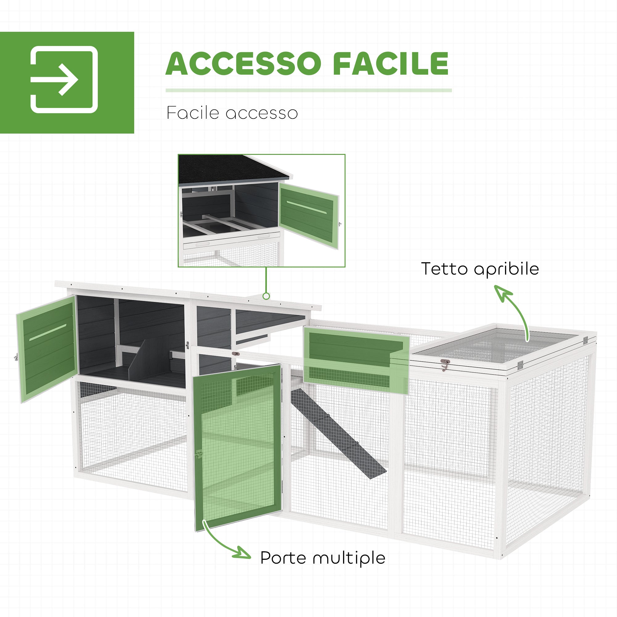 Outdoor Chicken Coop with House, Nesting Box, Waterproof Roof, Removable Tray and Doors, Cage Enclosure for 2-4 Chickens and Rabbits in Wood, 214x101x91.5cm, Gray