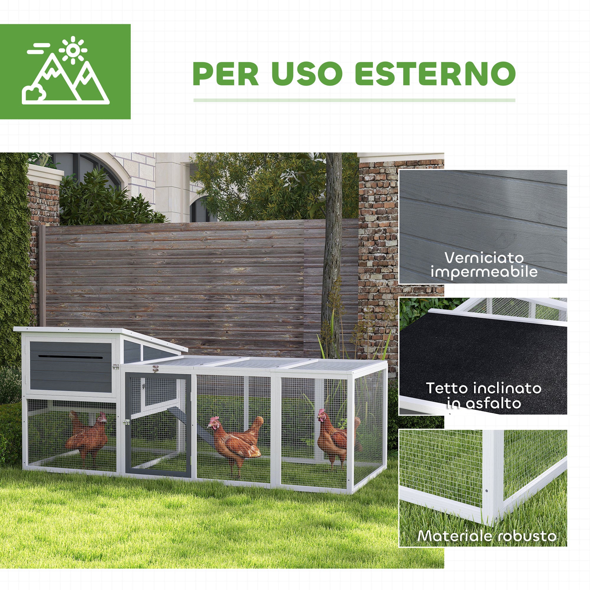 Outdoor Chicken Coop with House, Nesting Box, Waterproof Roof, Removable Tray and Doors, Cage Enclosure for 2-4 Chickens and Rabbits in Wood, 214x101x91.5cm, Gray