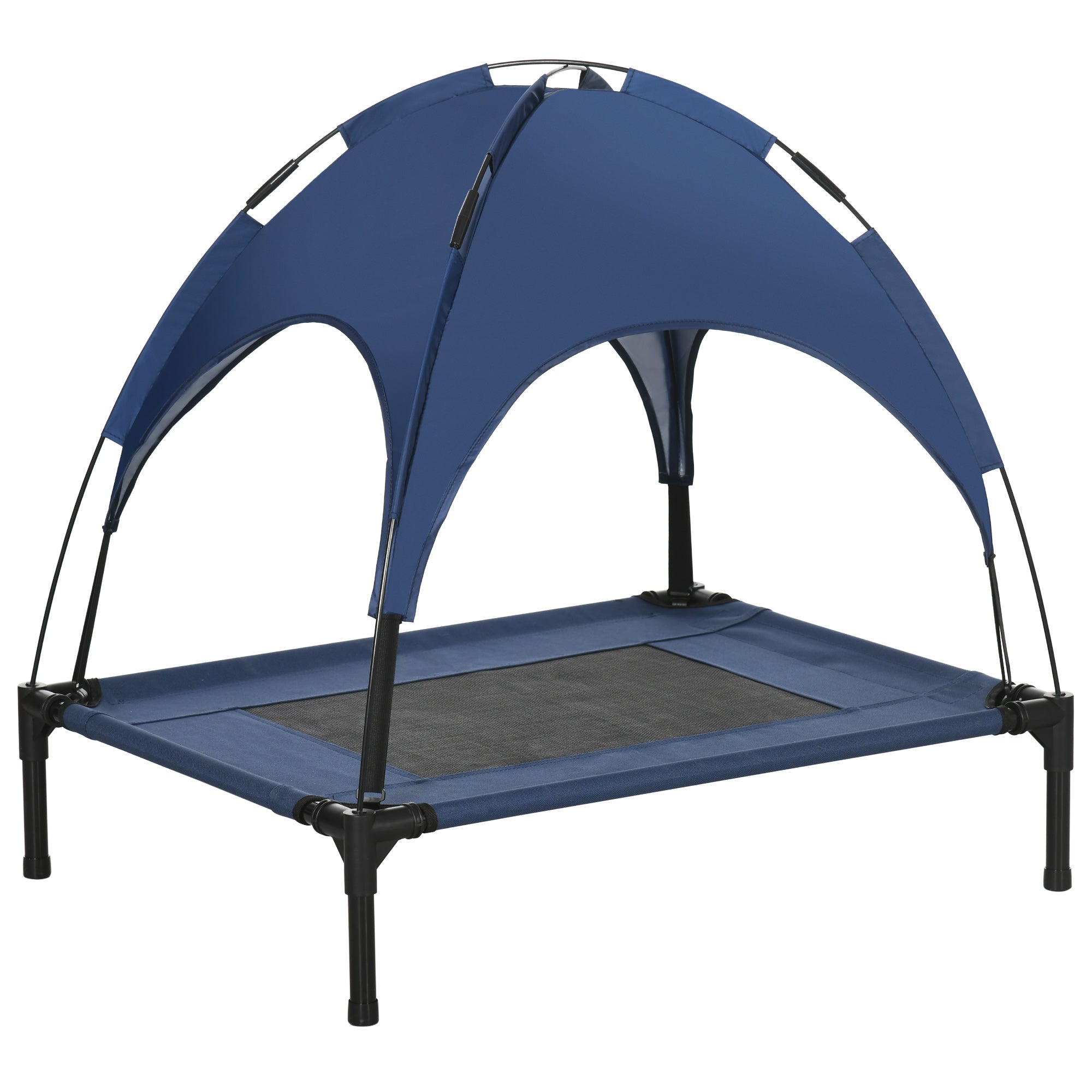 Elevated Dog Bed with Canopy, Pet Bed, Outdoor Dog Lounge with Roof, Breathable, Taft Fabric for Camping Dark Blue 76 x 61 x 73 cm