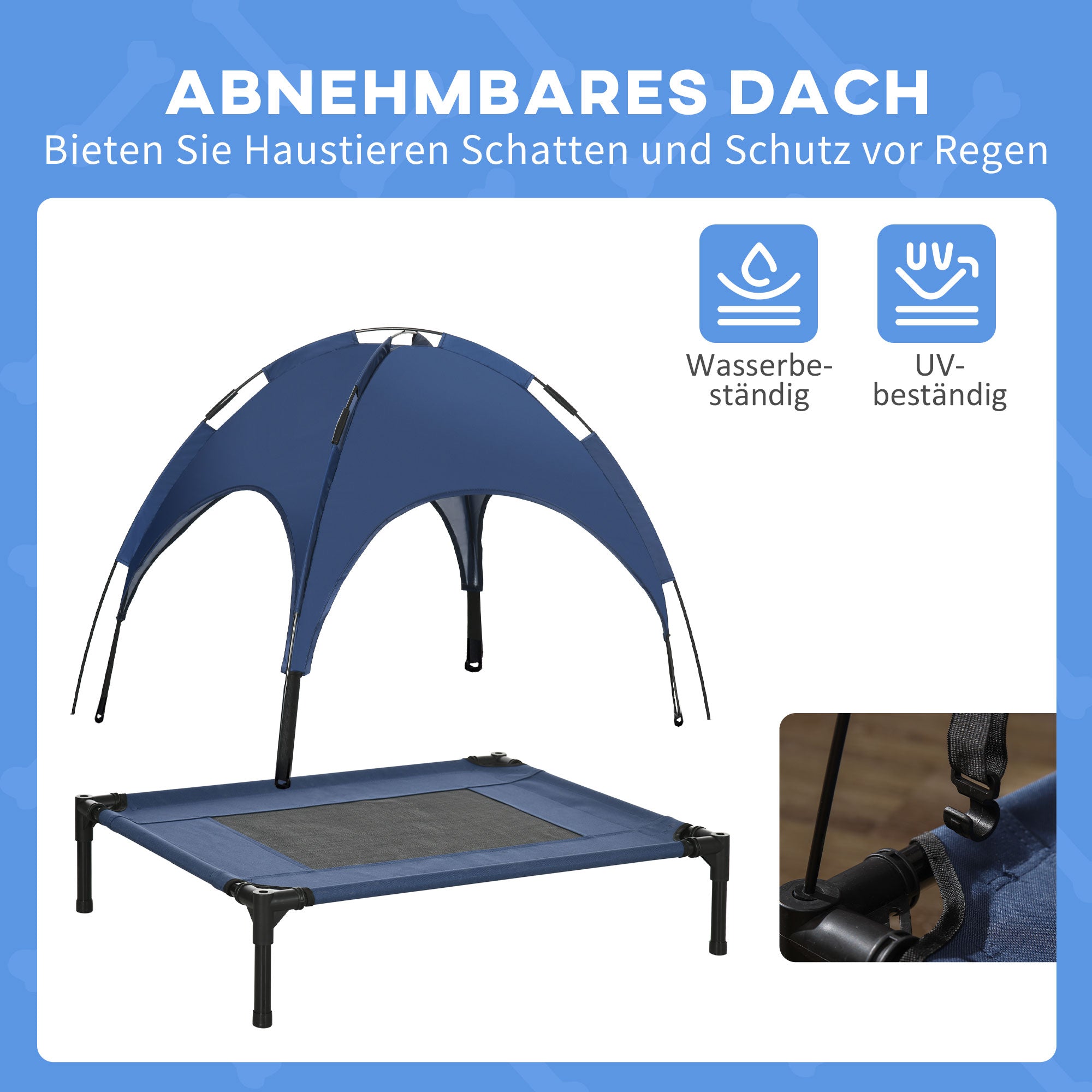 Elevated Dog Bed with Canopy, Pet Bed, Outdoor Dog Lounge with Roof, Breathable, Taft Fabric for Camping Dark Blue 76 x 61 x 73 cm