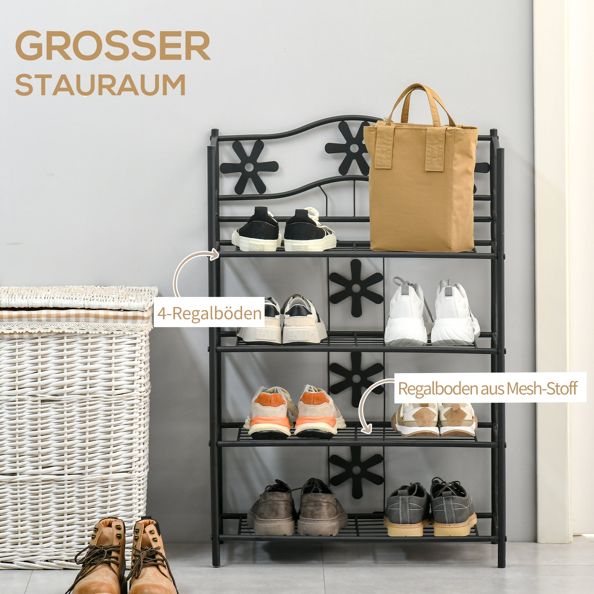 Shoe Rack, Plant Rack, Flower Rack, Shelving Unit, Stand, 4 Levels, Metal, 59.5 x 30 x 92 cm, Black