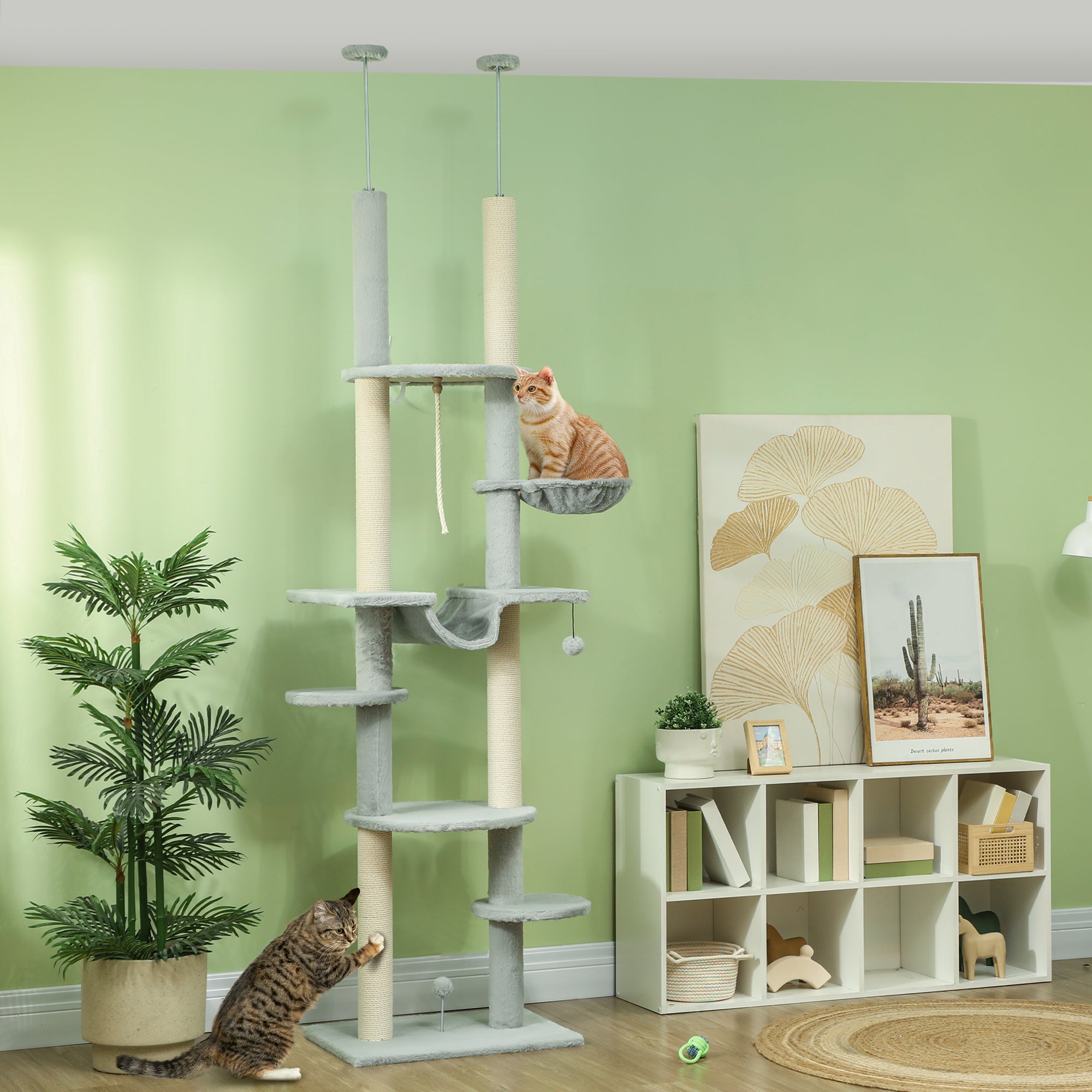 Floor-to-Ceiling Cat Tree 225-255 cm 7-Level Cat Scratcher Tower with Hammocks Platforms Rope Toy Ball Toy Gray