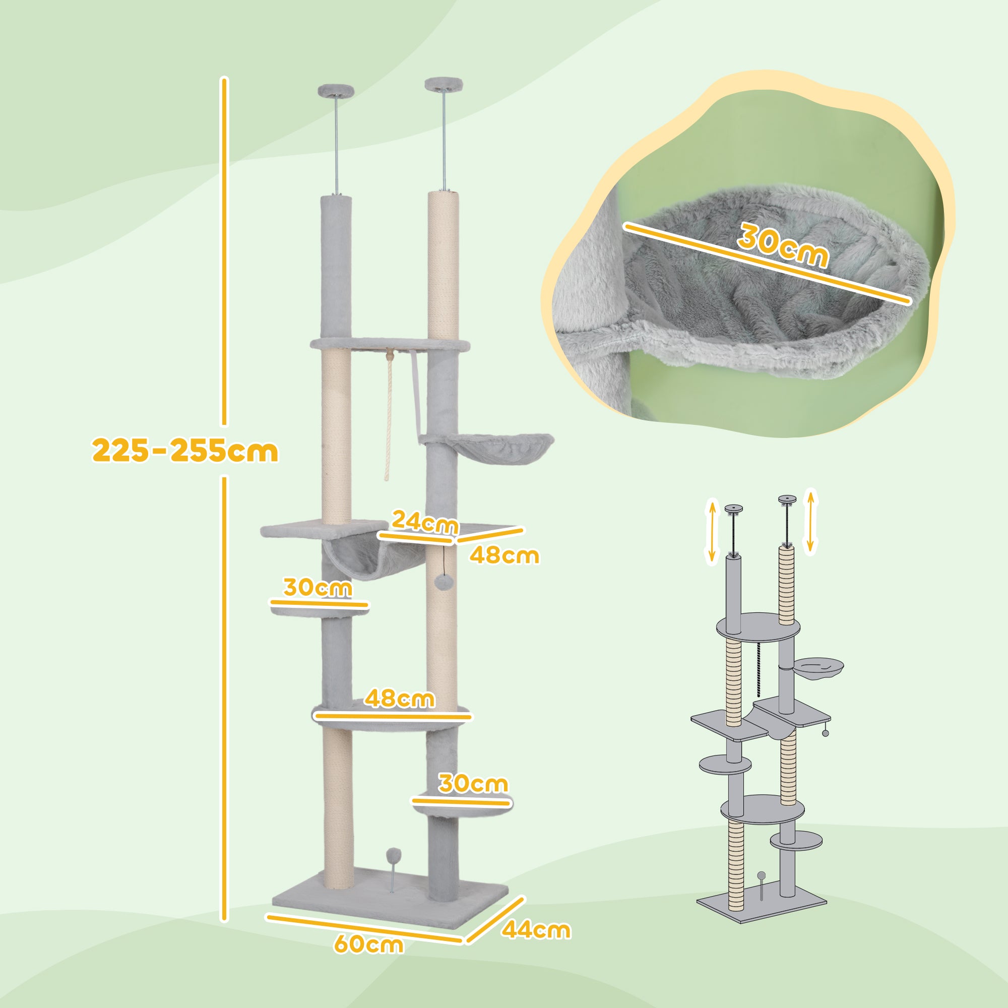 Floor-to-Ceiling Cat Tree 225-255 cm 7-Level Cat Scratcher Tower with Hammocks Platforms Rope Toy Ball Toy Gray