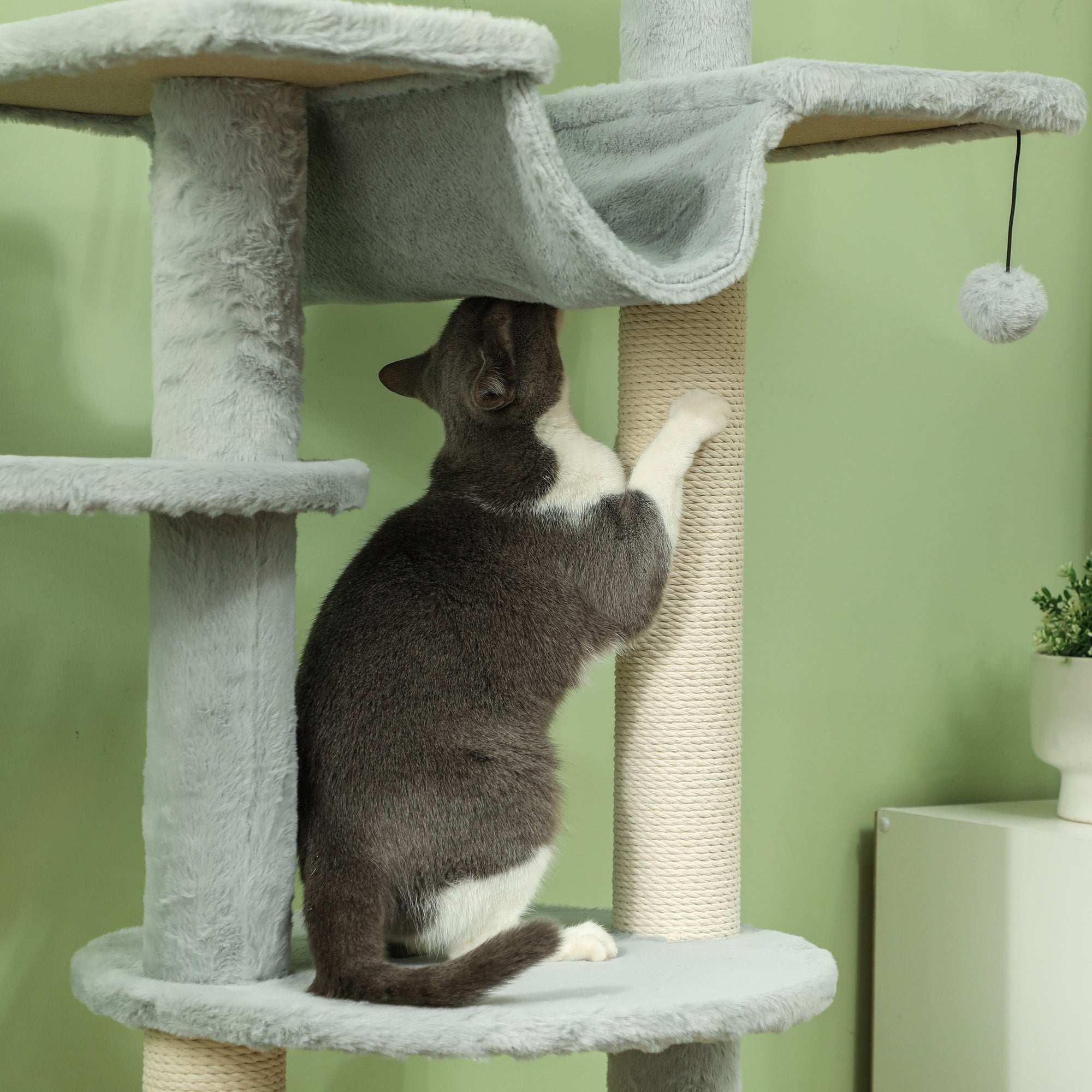 Floor-to-Ceiling Cat Tree 225-255 cm 7-Level Cat Scratcher Tower with Hammocks Platforms Rope Toy Ball Toy Gray