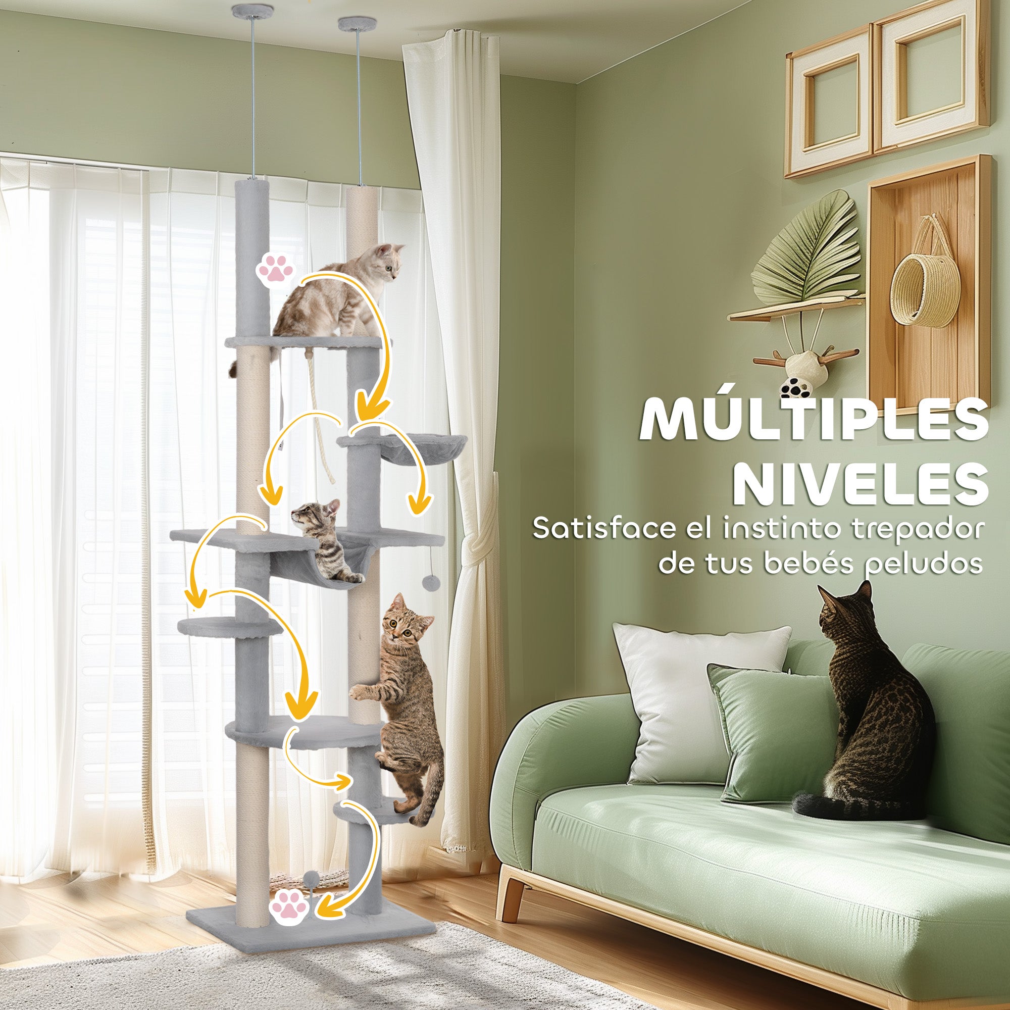 Floor-to-Ceiling Cat Tree 225-255 cm 7-Level Cat Scratcher Tower with Hammocks Platforms Rope Toy Ball Toy Gray