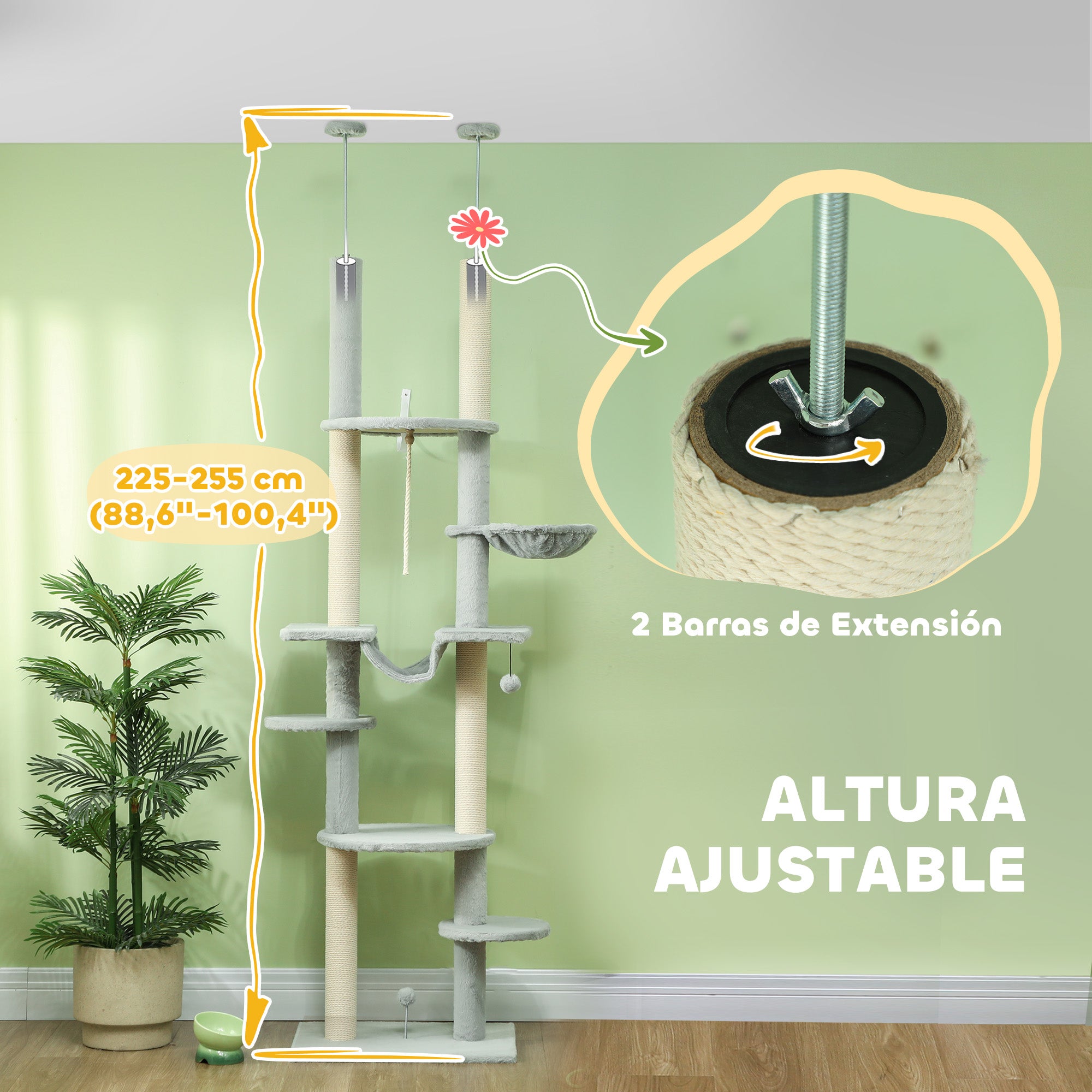 Floor-to-Ceiling Cat Tree 225-255 cm 7-Level Cat Scratcher Tower with Hammocks Platforms Rope Toy Ball Toy Gray