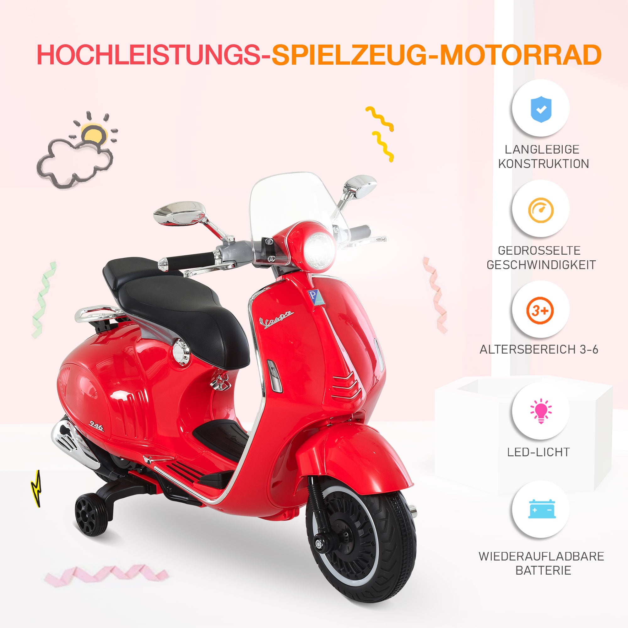 Kids' Electric Motorcycle, 6V Children's Motorcycle with Headlight, Music, Forward and Reverse Gear, Training Wheels, 30 kg Capacity, Electric Motorcycle for 3-6 Years Old Kids, Red