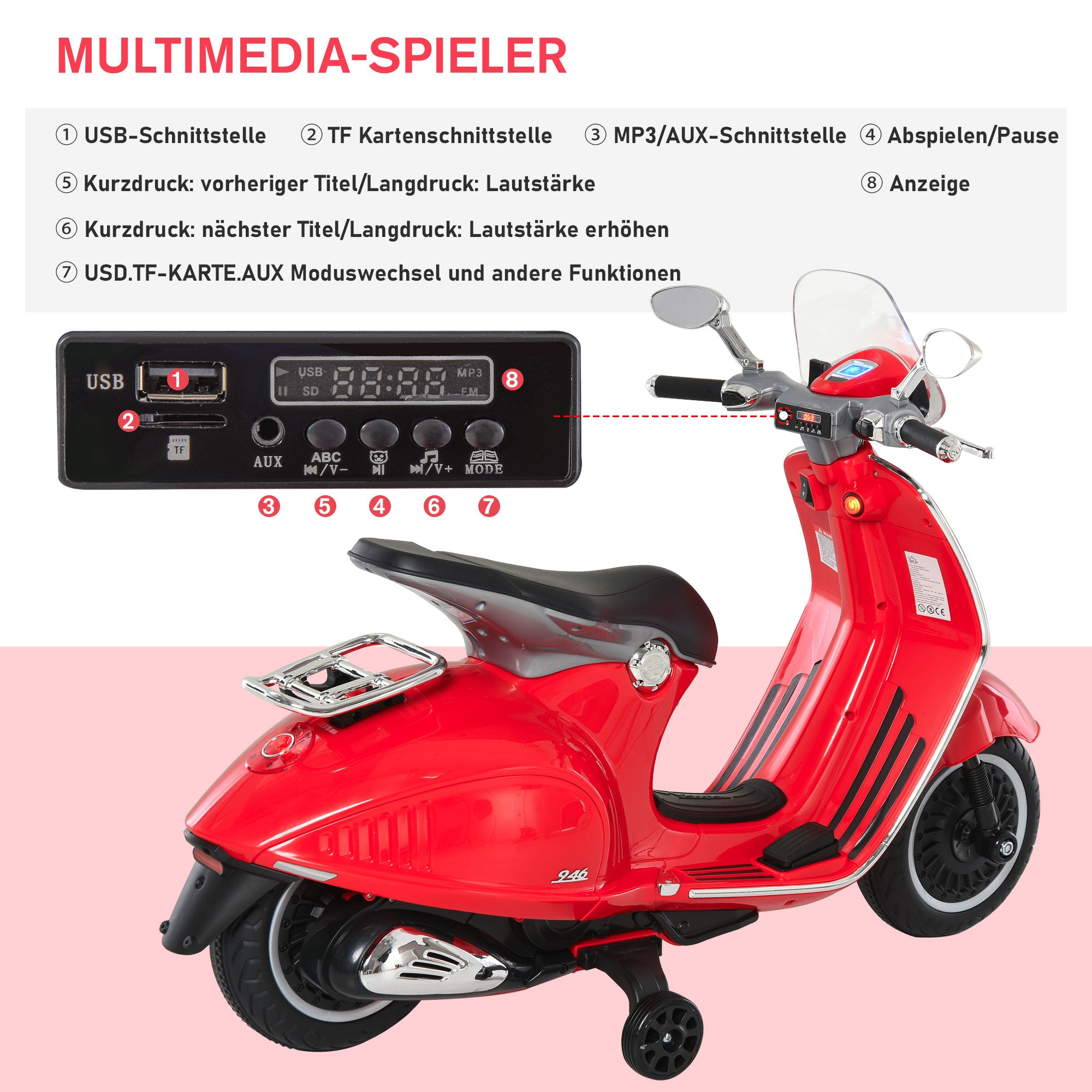 Kids' Electric Motorcycle, 6V Children's Motorcycle with Headlight, Music, Forward and Reverse Gear, Training Wheels, 30 kg Capacity, Electric Motorcycle for 3-6 Years Old Kids, Red