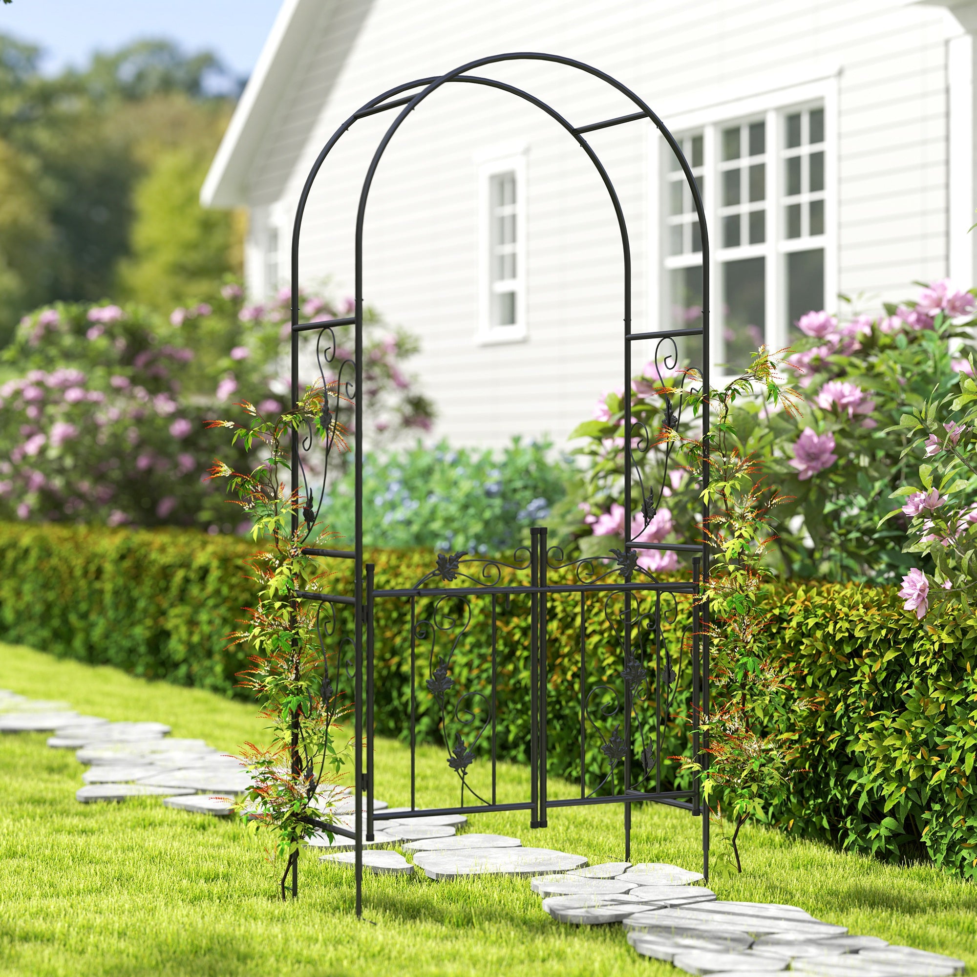 Garden Arch with Gate Trellis for Climbing Plants, Wedding and Party Metal Arch, 2.2x1 m, Black