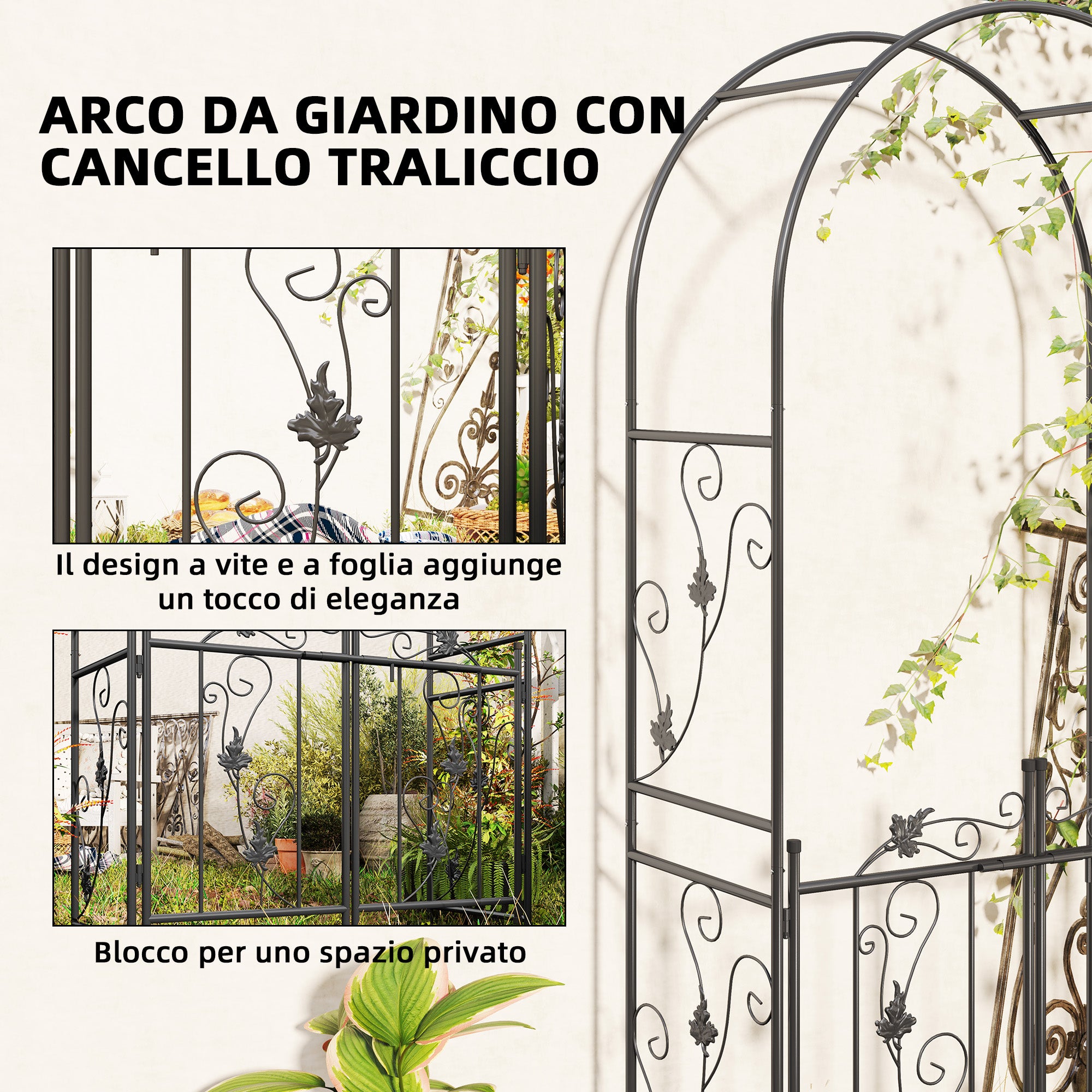 Garden Arch with Gate Trellis for Climbing Plants, Wedding and Party Metal Arch, 2.2x1 m, Black