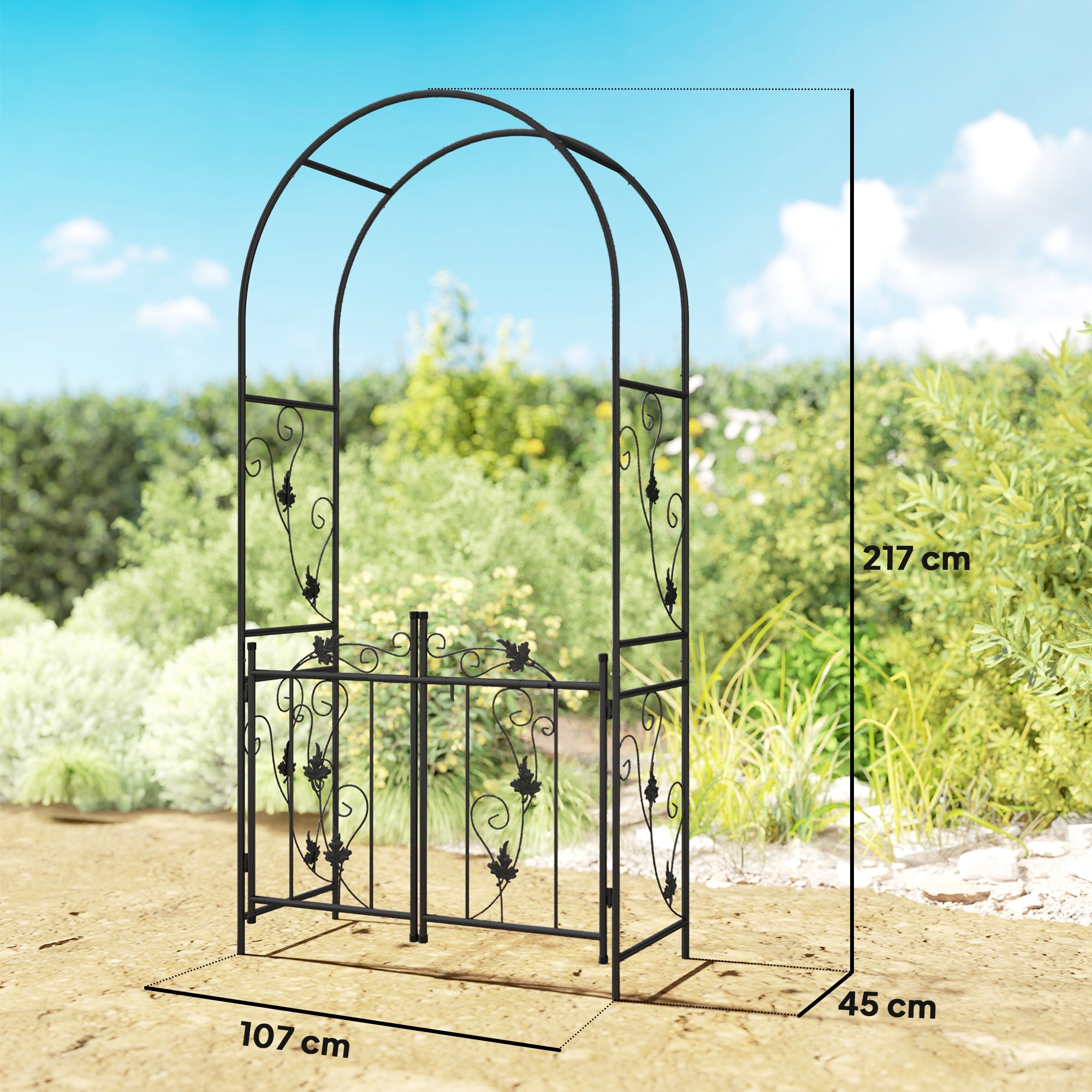 Garden Arch with Gate Trellis for Climbing Plants, Wedding and Party Metal Arch, 2.2x1 m, Black