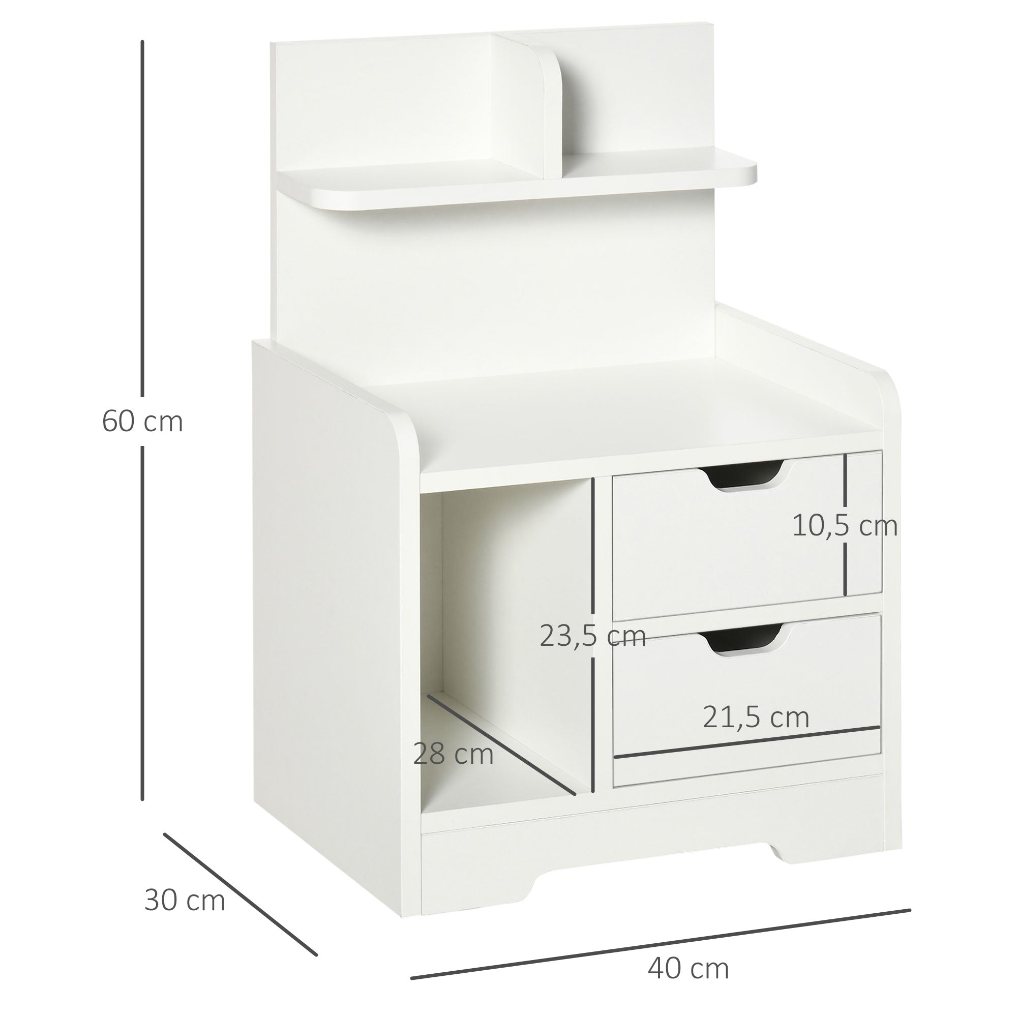 Modern Nightstand Bedside Table with 2 Drawers and 3 Storage Compartments for Living Room Bedroom Load 30 kg 40x30x60 cm White