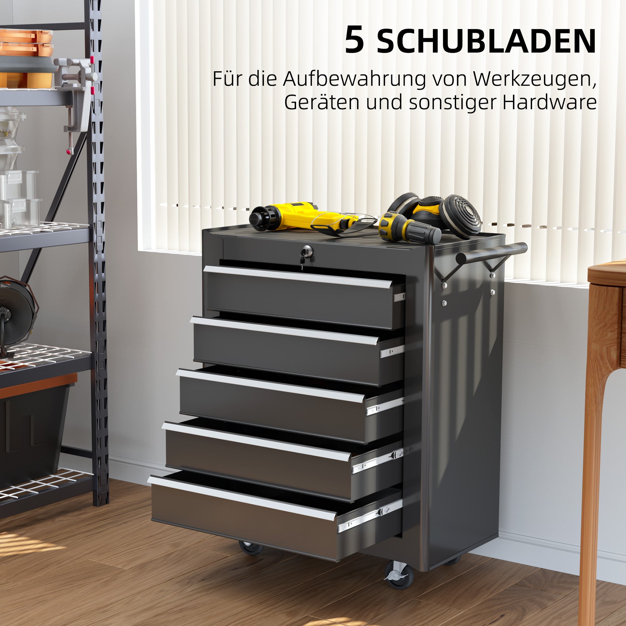 Tool Storage Trolley Empty Tool Cart with 5 Drawers, 2 Keys, Anti-slip Mats, Tool Cabinet with Handle Black