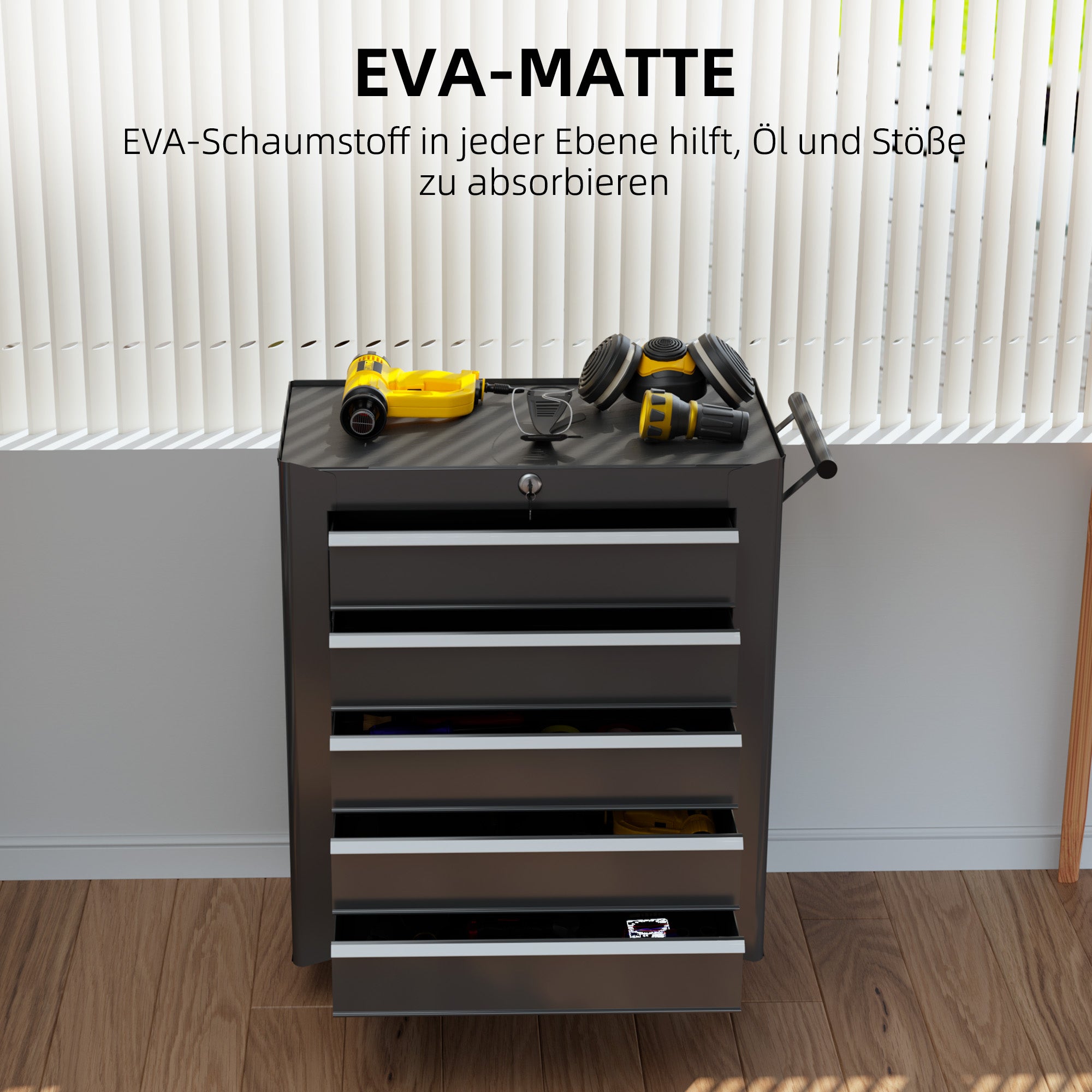 Tool Storage Trolley Empty Tool Cart with 5 Drawers, 2 Keys, Anti-slip Mats, Tool Cabinet with Handle Black