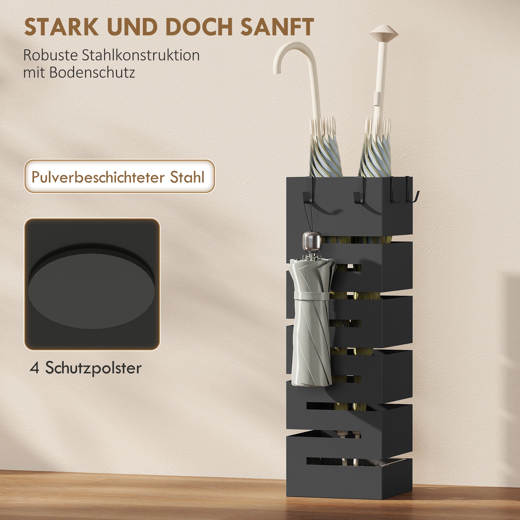 Metal Umbrella Stand, Square Holder with Removable Drip Tray & 4 Hooks, for Entryway, 15.5 x 15.5 x 49 cm (6.1 x 6.1 x 19.3 in), Black