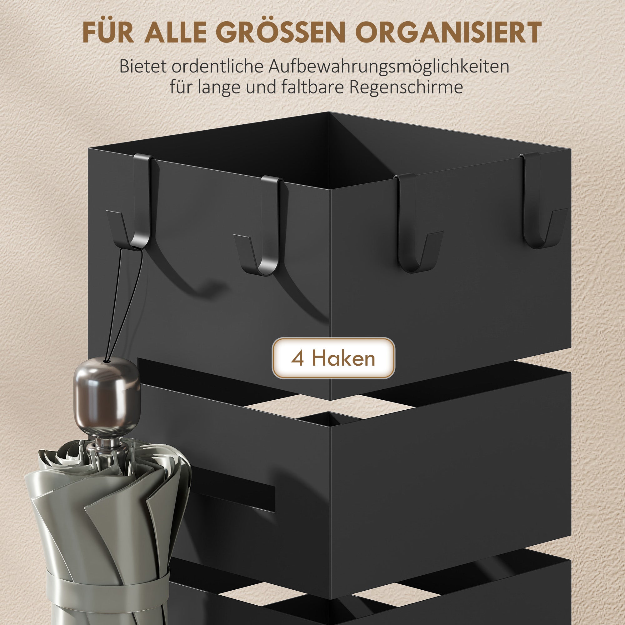 Metal Umbrella Stand, Square Holder with Removable Drip Tray & 4 Hooks, for Entryway, 15.5 x 15.5 x 49 cm (6.1 x 6.1 x 19.3 in), Black