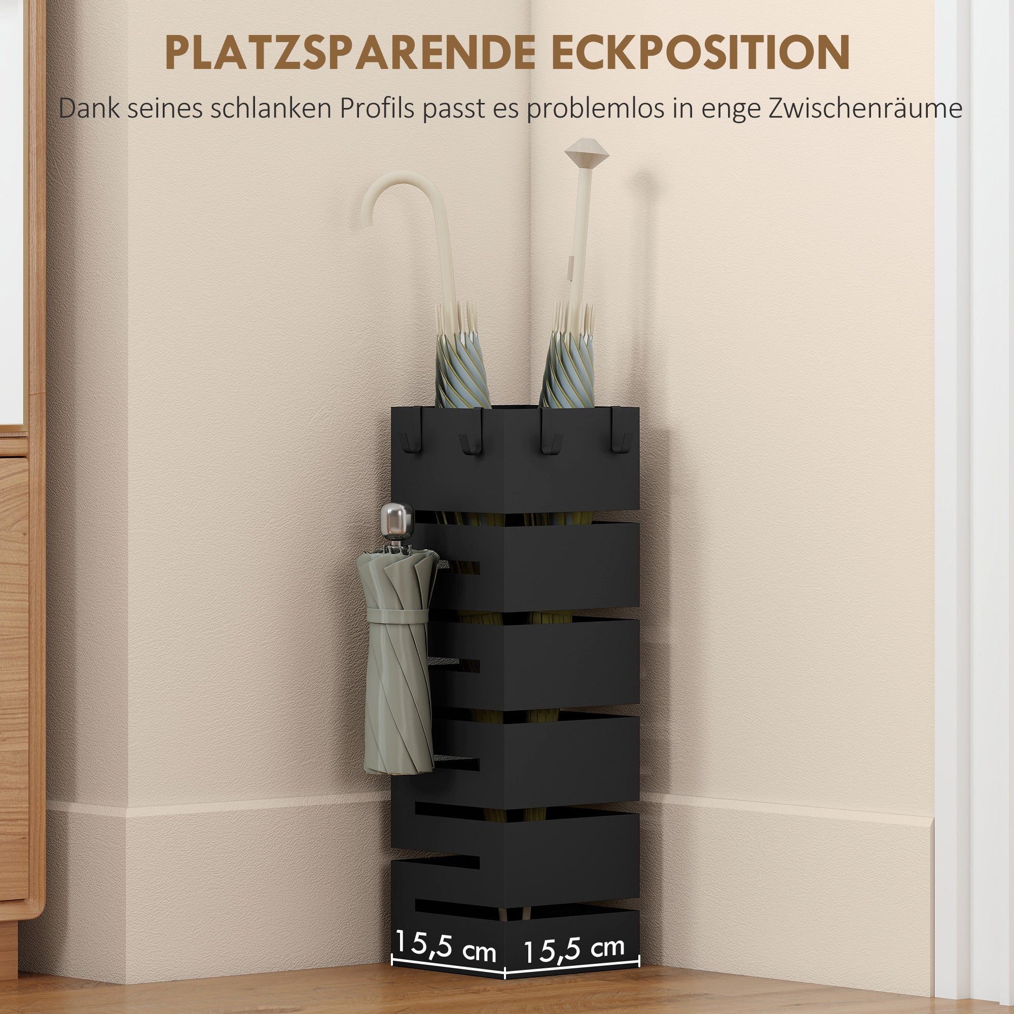 Metal Umbrella Stand, Square Holder with Removable Drip Tray & 4 Hooks, for Entryway, 15.5 x 15.5 x 49 cm (6.1 x 6.1 x 19.3 in), Black