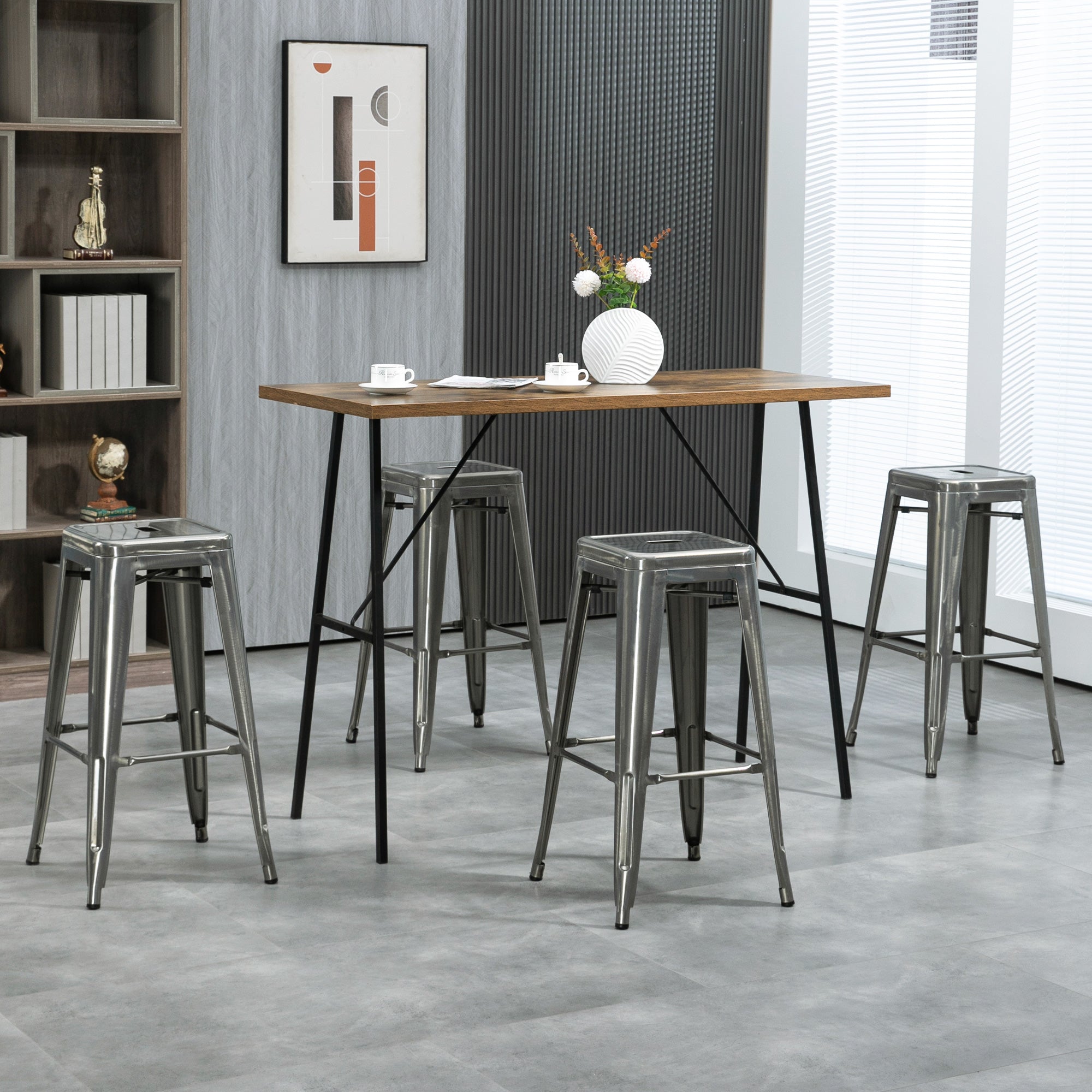 Set of 4 Stackable Industrial Bar Stools with Footrest Barstool Height 76 cm Silver Metal