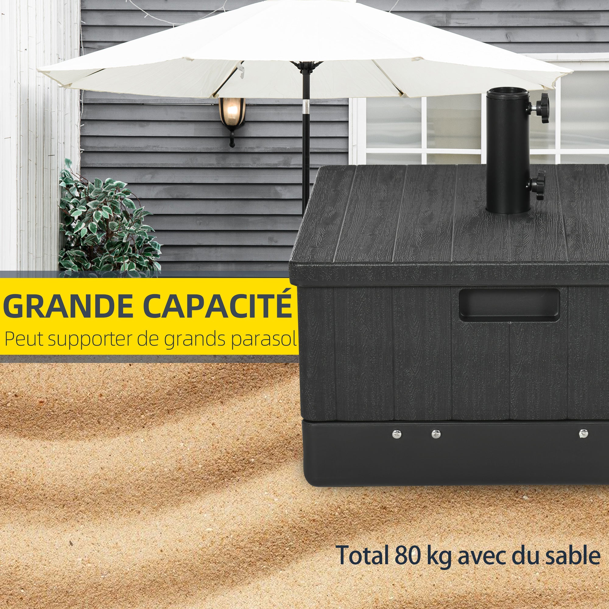Parasol Stand Base Side Table Planter with Drainage Wheels and Handles PE and Metal 53L x 53W x 47H cm Black