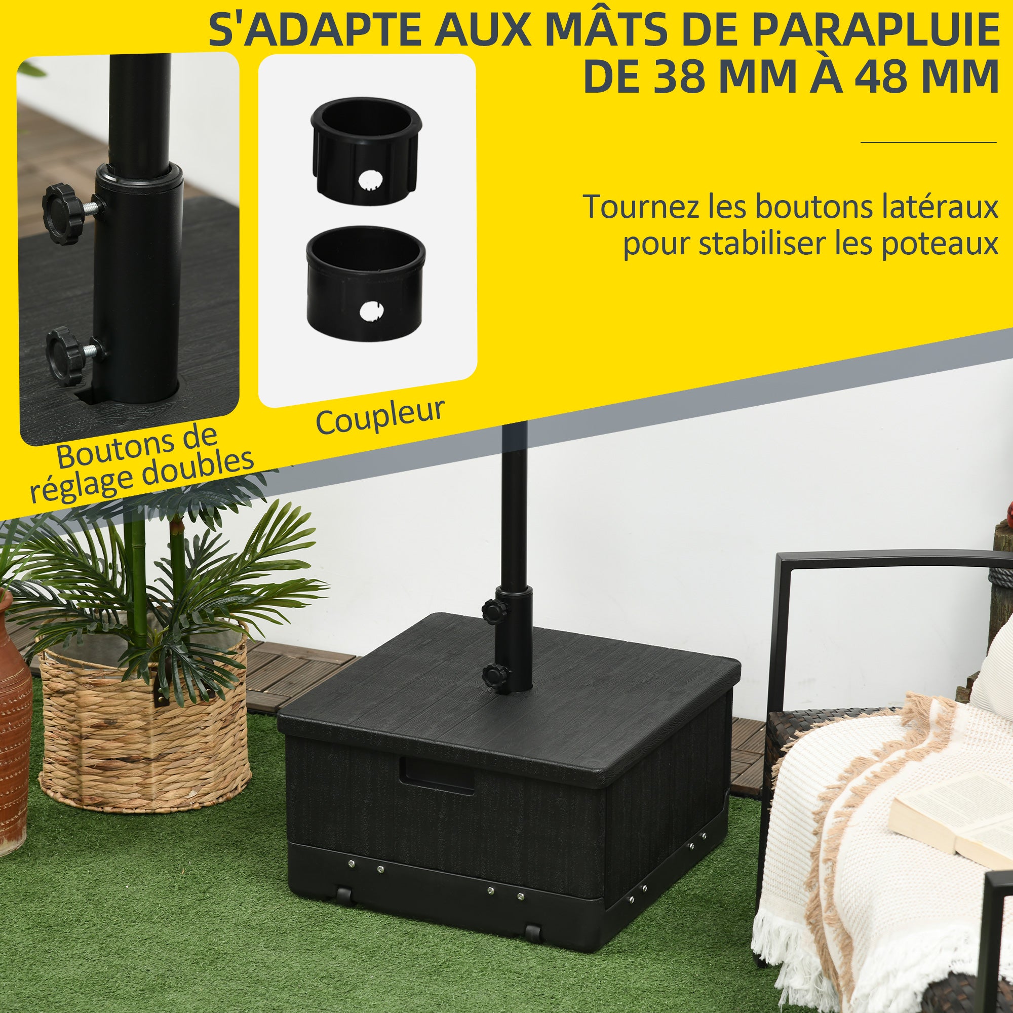 Parasol Stand Base Side Table Planter with Drainage Wheels and Handles PE and Metal 53L x 53W x 47H cm Black