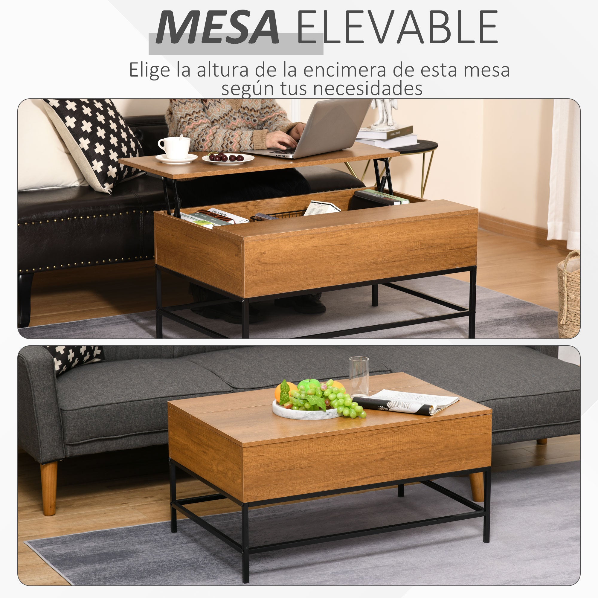 Lift-Top Coffee Table Coffee Table with Hidden Storage Space Lift-Top Table for Living Room Dining Room 90x60.5x45.5 cm Teak