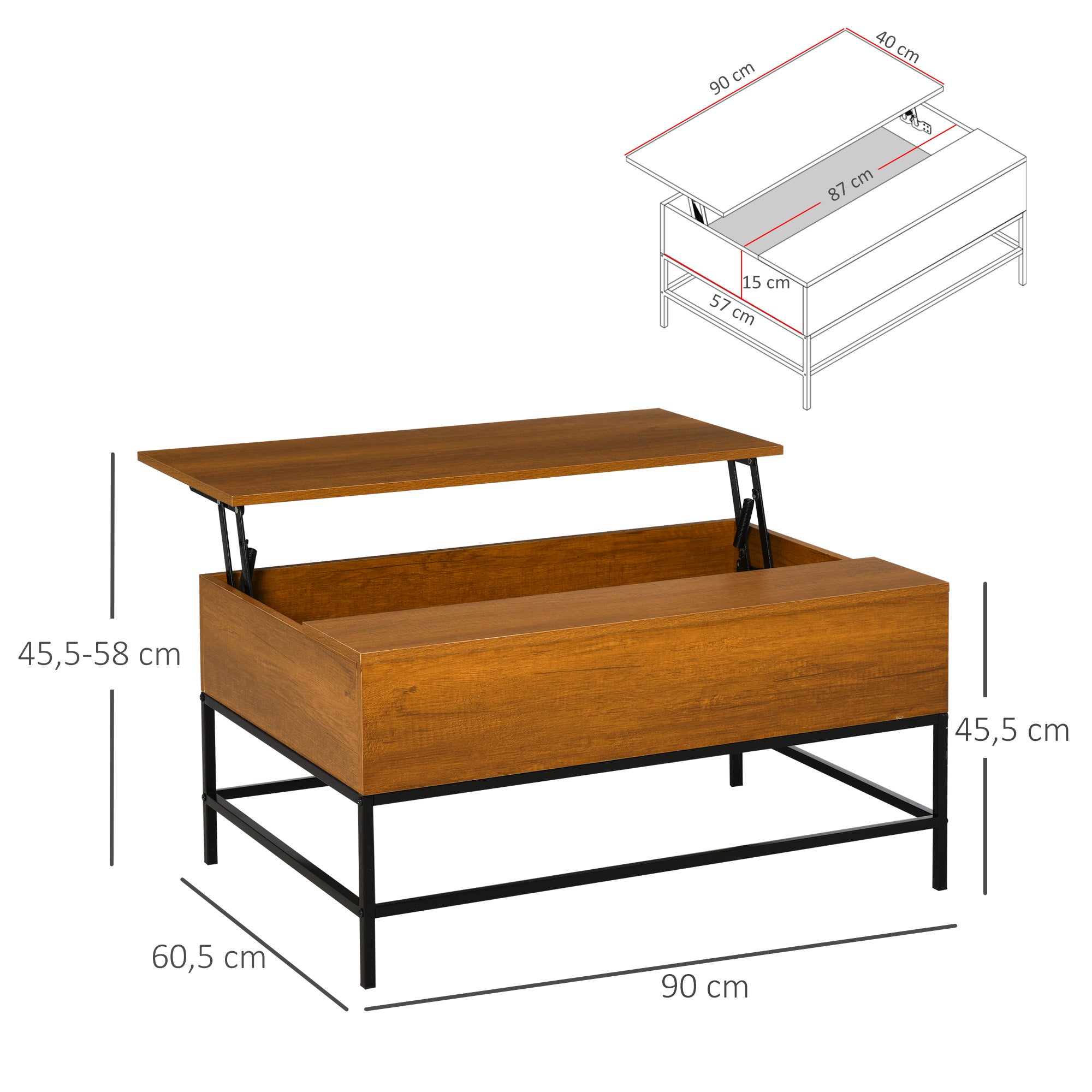 Lift-Top Coffee Table Coffee Table with Hidden Storage Space Lift-Top Table for Living Room Dining Room 90x60.5x45.5 cm Teak
