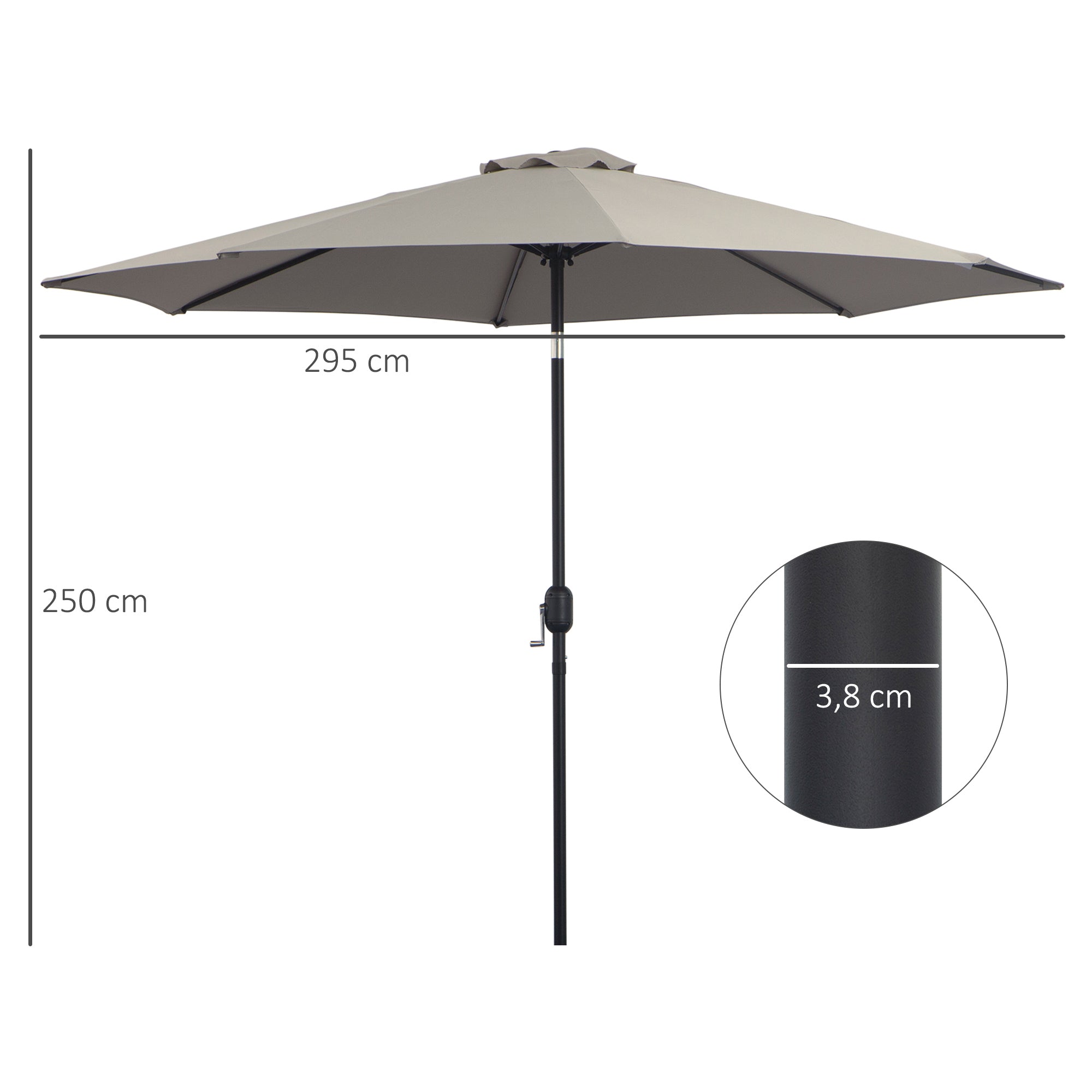 Garden Umbrella Ø295x250 cm with Crank Outdoor Parasol with Tilt Mechanism and Detachable Metal Pole for Patio Pool Terrace Light Gray