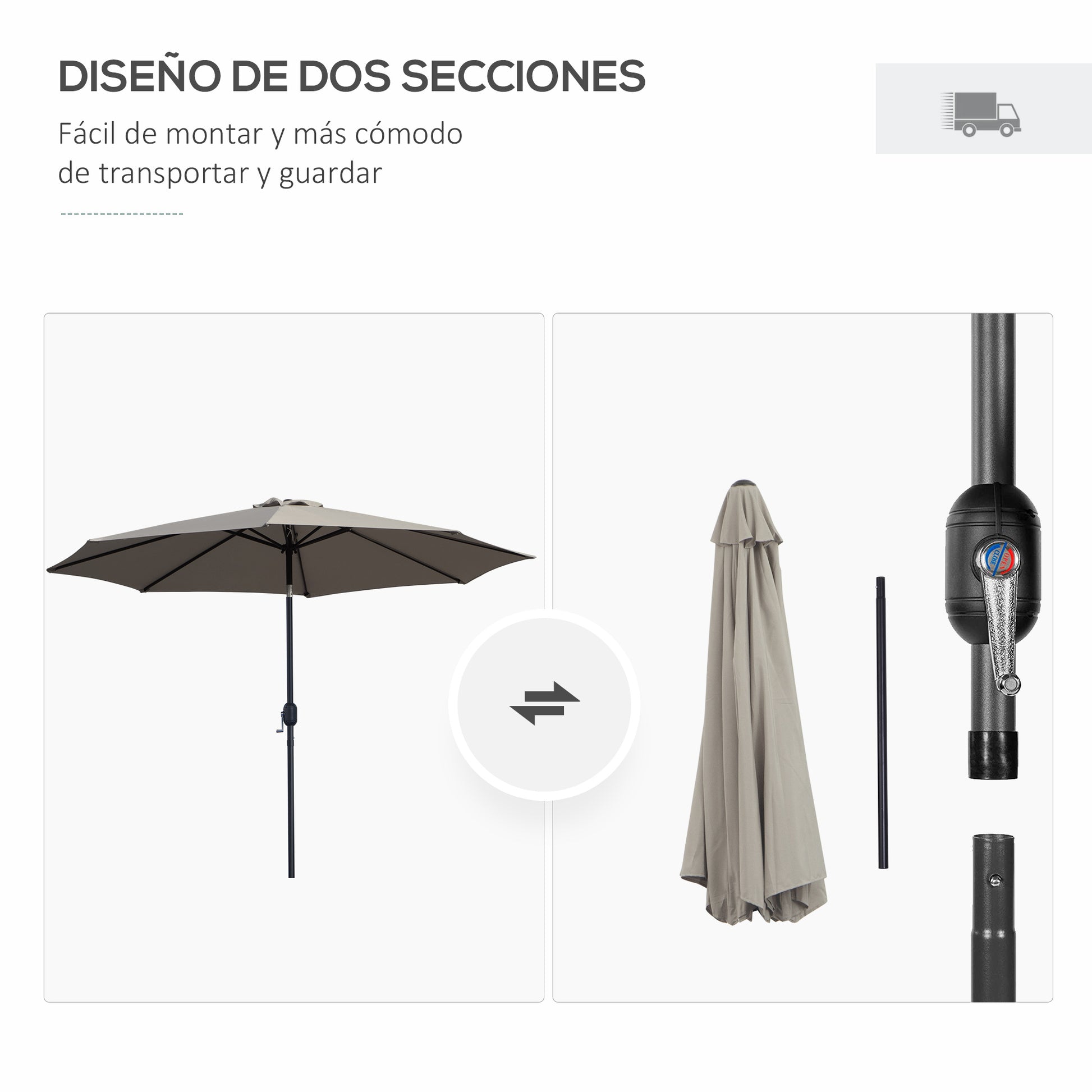 Garden Umbrella Ø295x250 cm with Crank Outdoor Parasol with Tilt Mechanism and Detachable Metal Pole for Patio Pool Terrace Light Gray