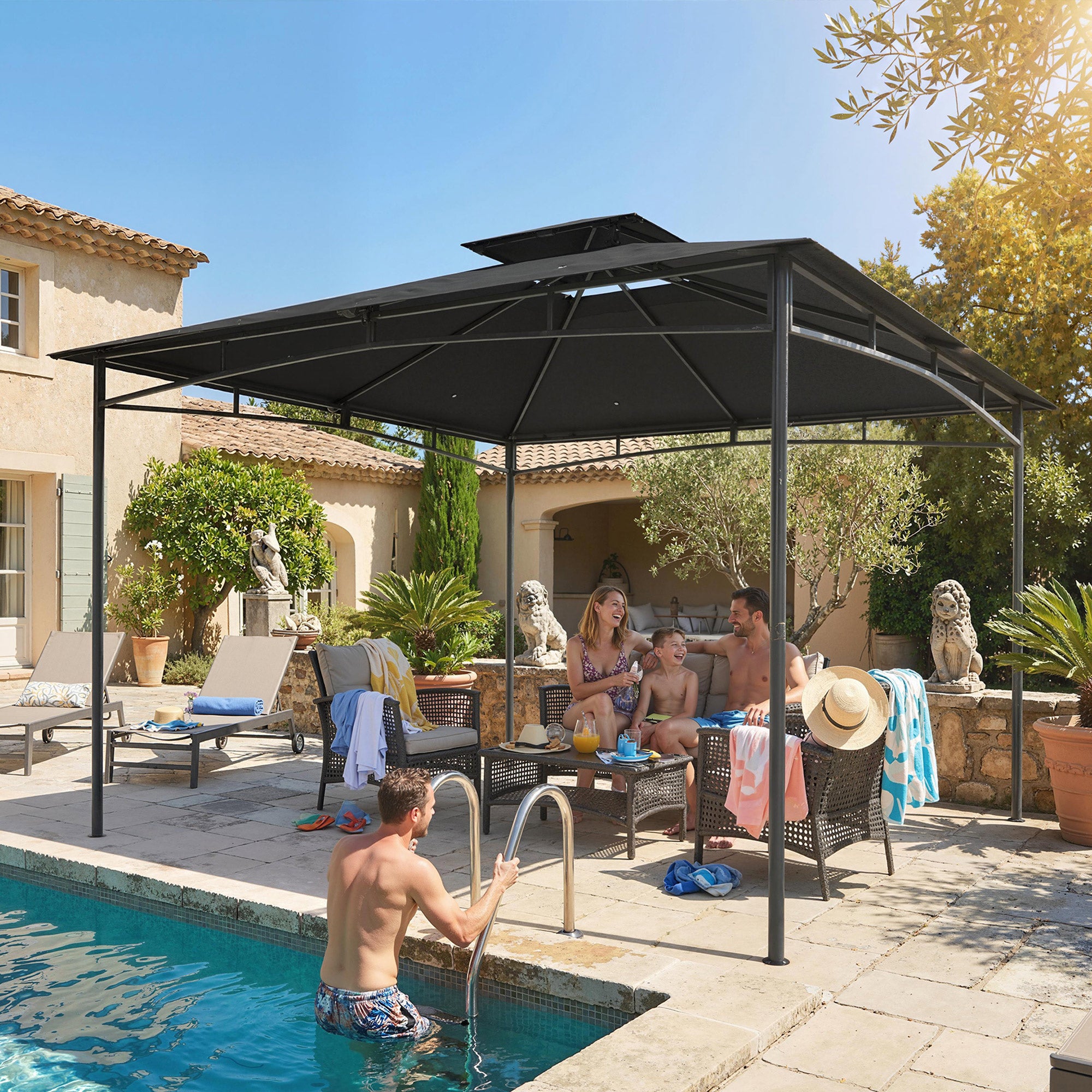 3 x 3 m Waterproof Garden Gazebo — Double Roof, Retractable Top Frame, UPF 50+, Powder-Coated Metal, Dark Gray