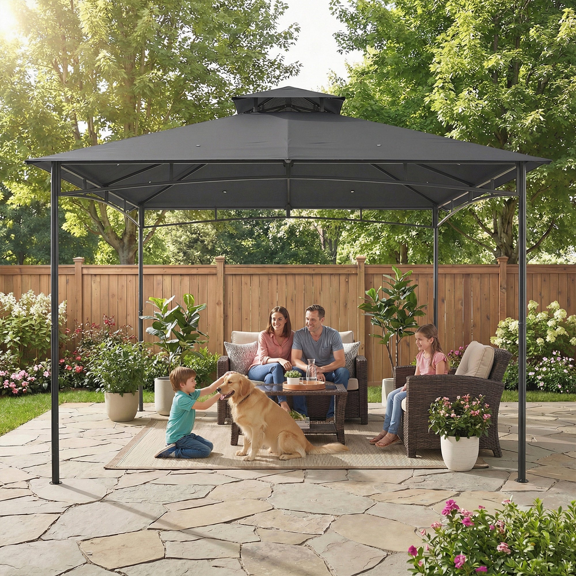 3 x 3 m Waterproof Garden Gazebo — Double Roof, Retractable Top Frame, UPF 50+, Powder-Coated Metal, Dark Gray
