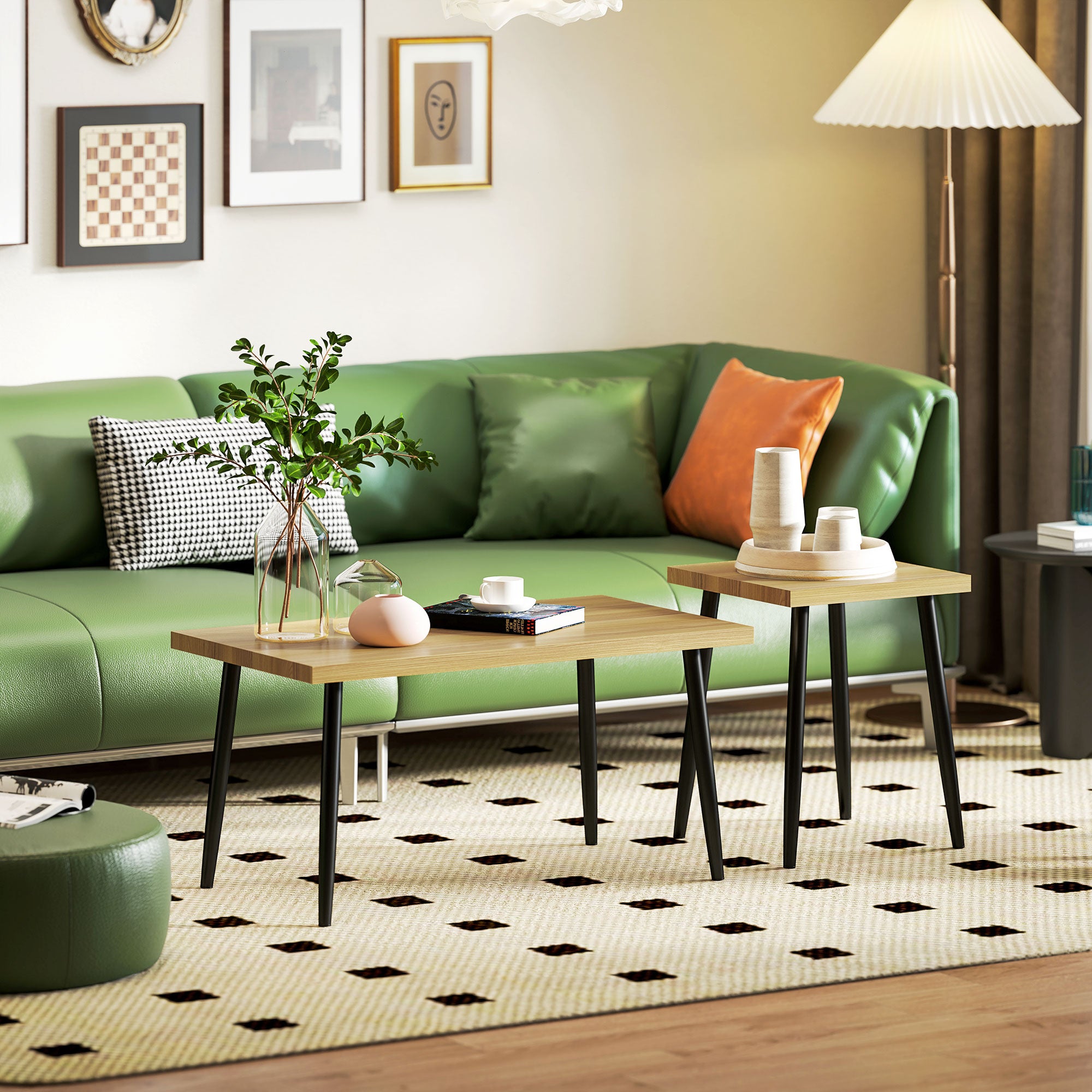 Coffee Table 2-Piece Set Side Table with Steel Frame, Living Room Coffee Table for Natural Wood Living Room