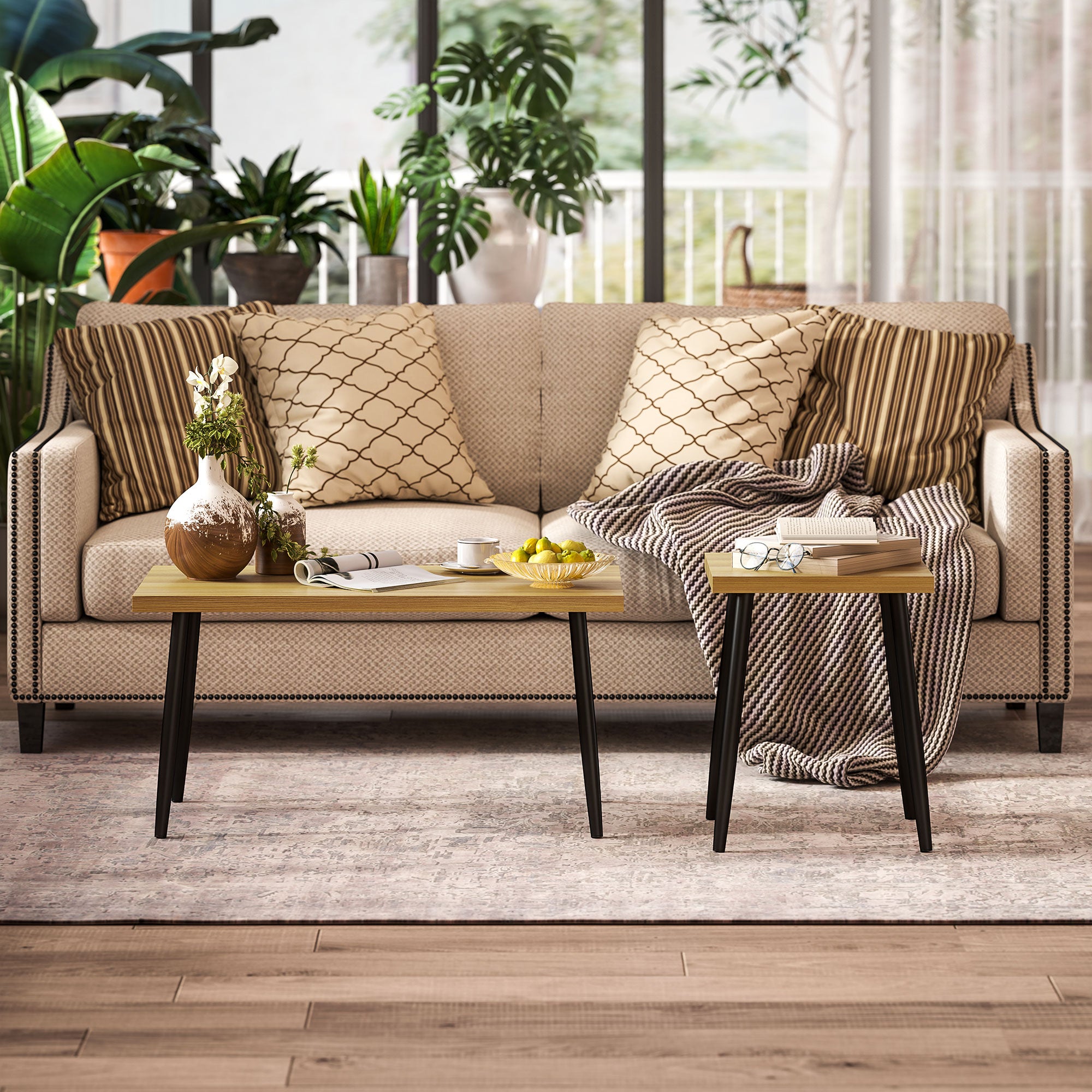 Coffee Table 2-Piece Set Side Table with Steel Frame, Living Room Coffee Table for Natural Wood Living Room