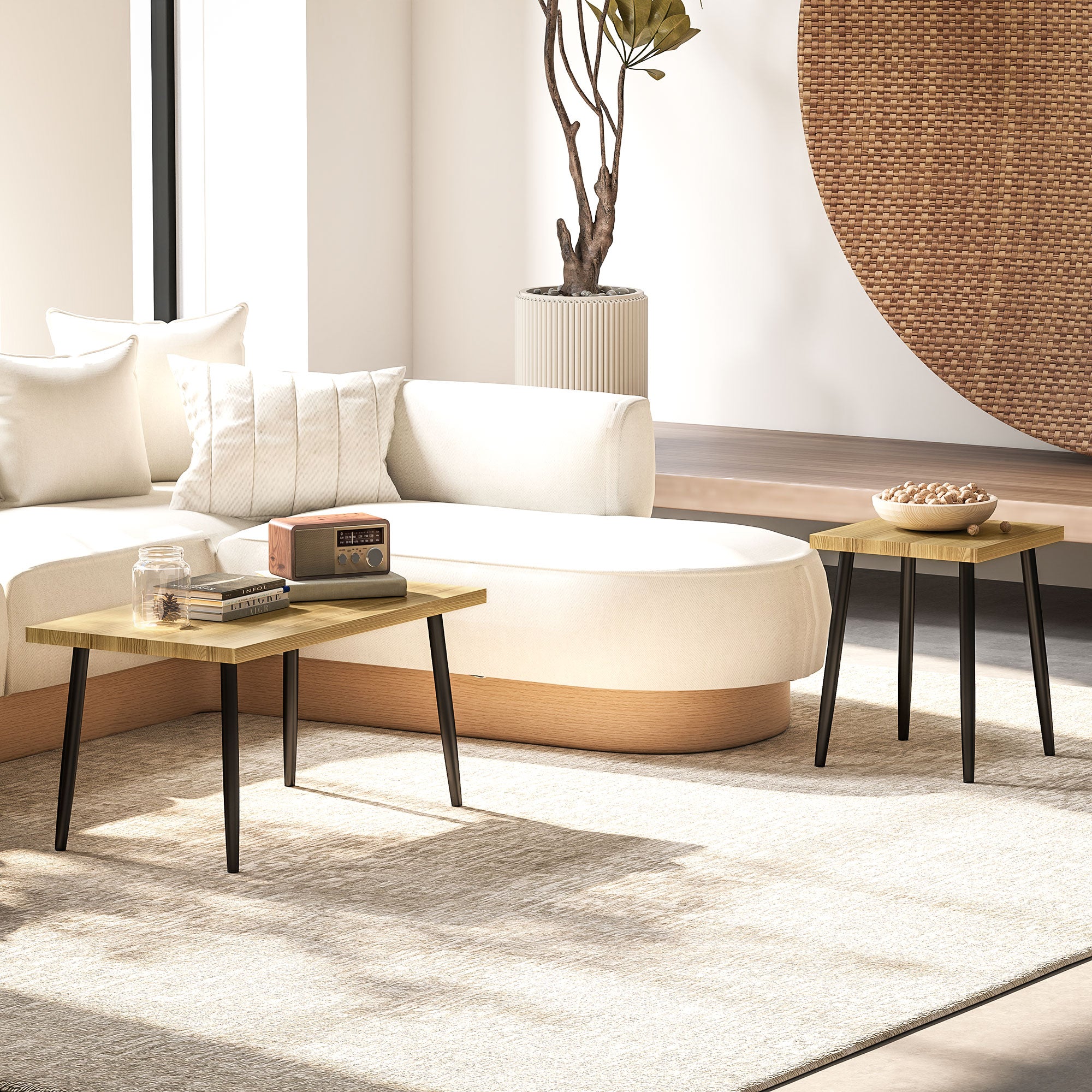 Coffee Table 2-Piece Set Side Table with Steel Frame, Living Room Coffee Table for Natural Wood Living Room