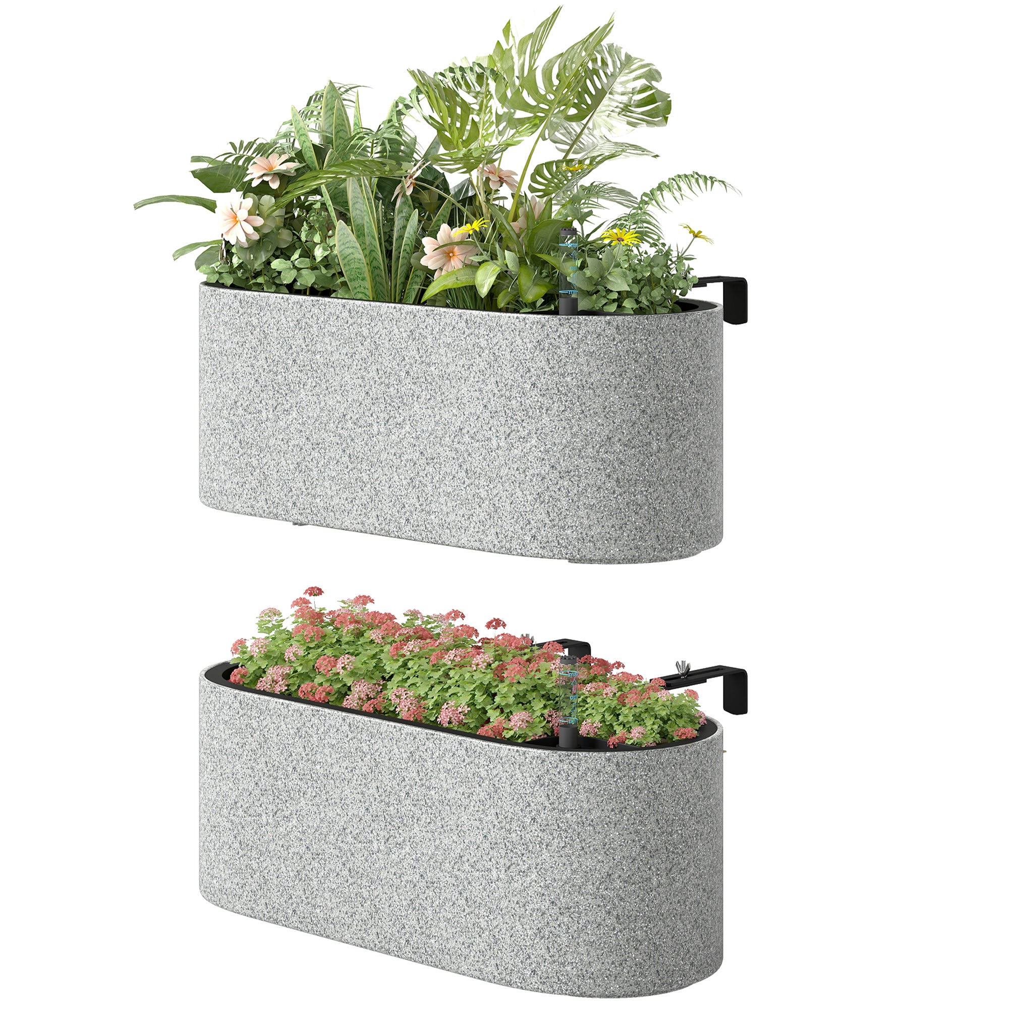 2-Pack Hanging Oval Planters with Self-Watering System, Drain Plug & Hooks — 42 x 16 x 15 cm (16.5 x 6.3 x 5.9 in), Light Gray