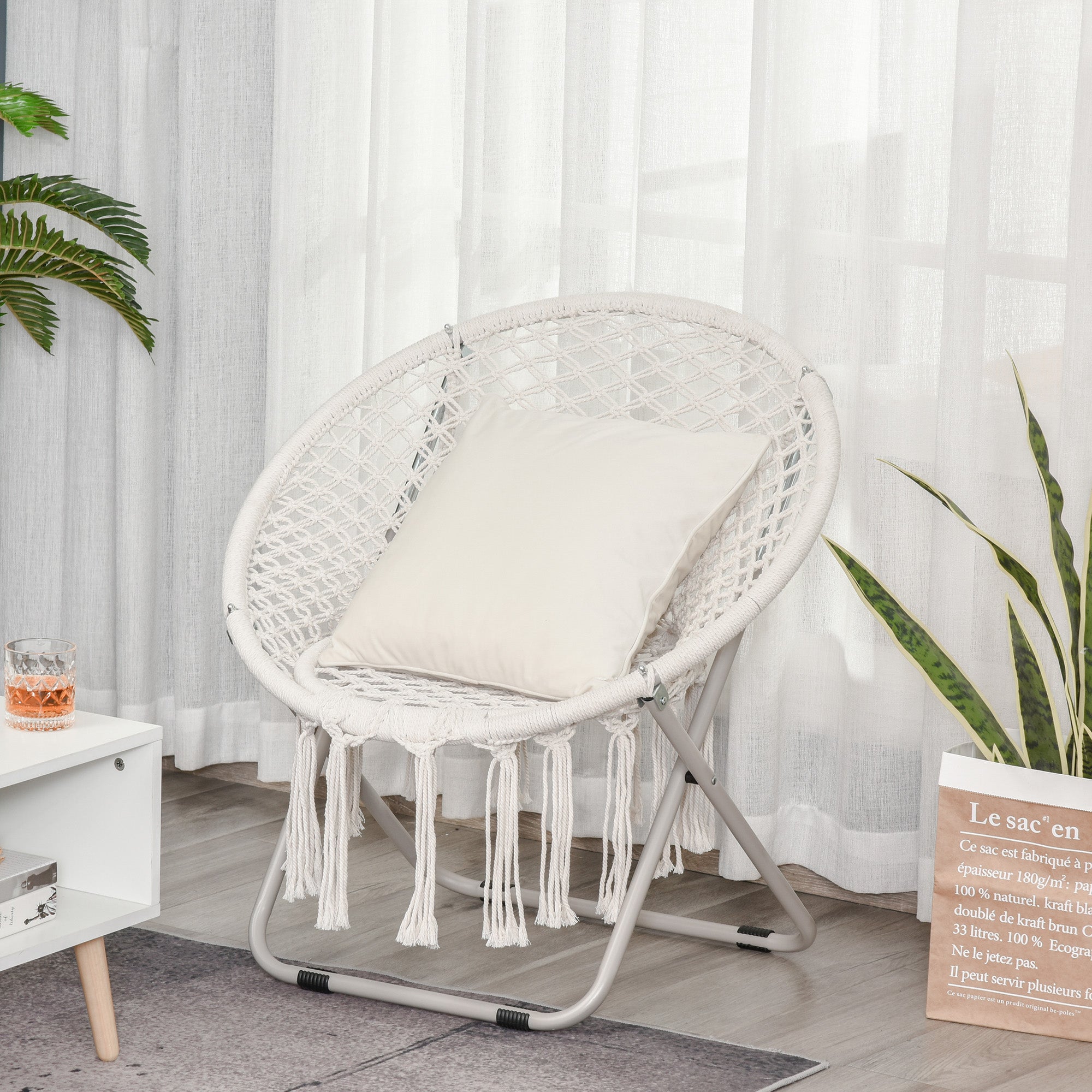 Hanging chair round garden moon chair papasan foldable great comfort macrame cotton polyester beige