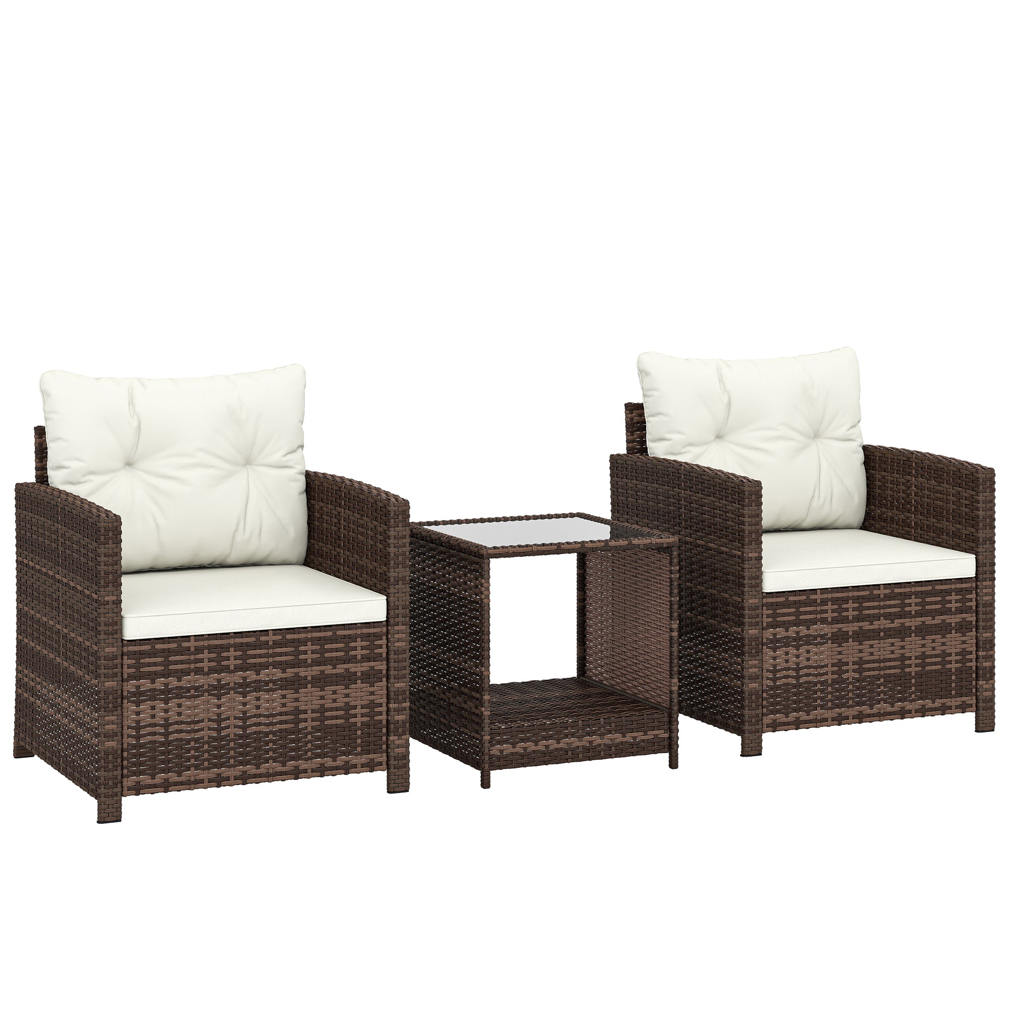 3-Piece PE Rattan Garden Set — 2 Armchairs with Cushions & Glass-Top Coffee Table, Brown & Cream — Balcony/Patio