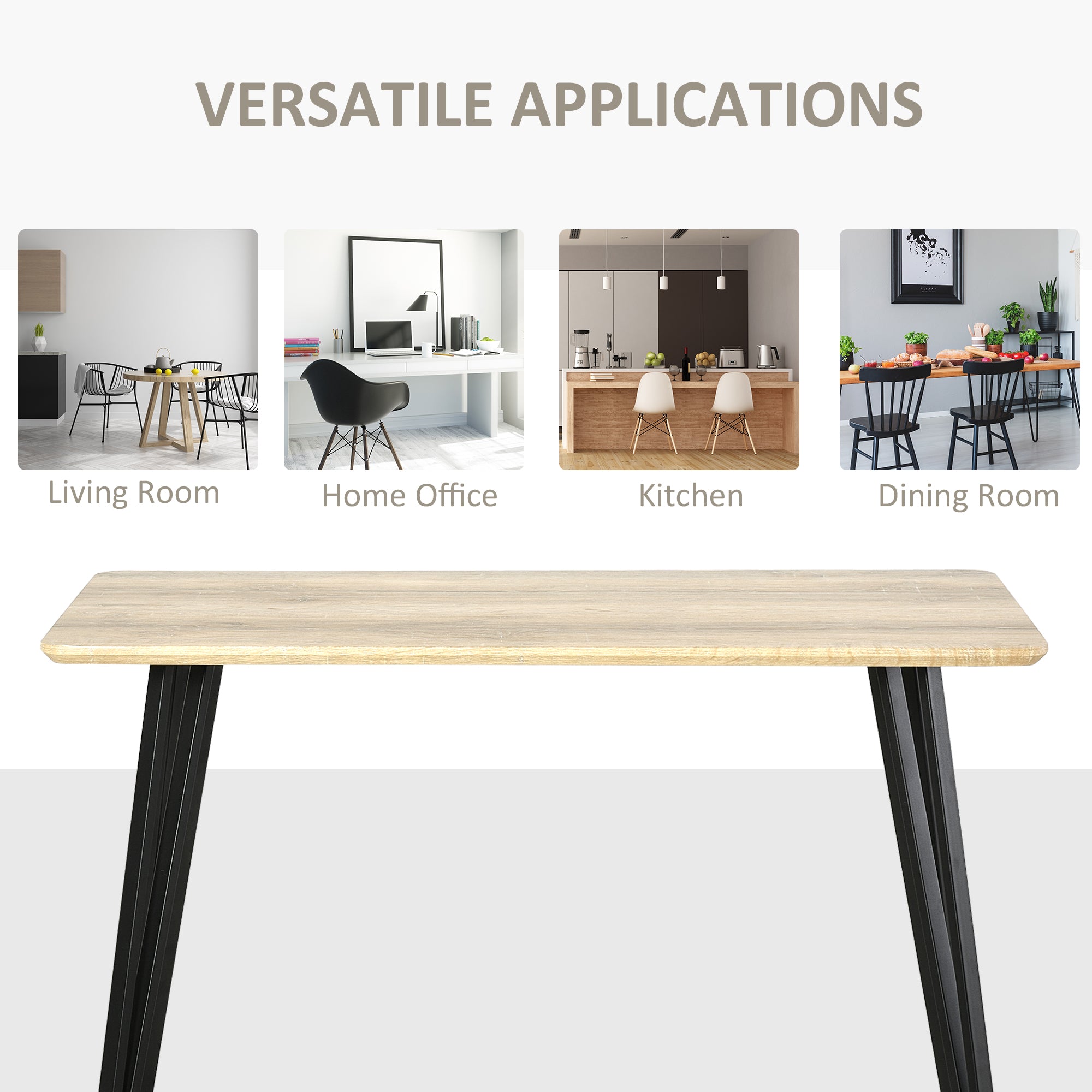 Industrial Design Dining Table Large Beveled Top 120L x 60W x 75H cm Black Metal Hairpin Legs Light Oak Grain MDF