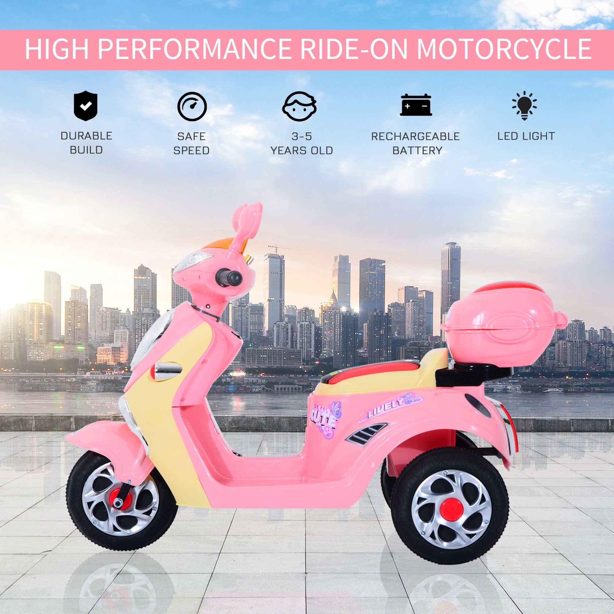 Electric Children's Motorcycle Electric Motorcycle Kids Electric Car Tricycle, 6V, Metal+PP, 108x51x75cm (Pink+Yellow)