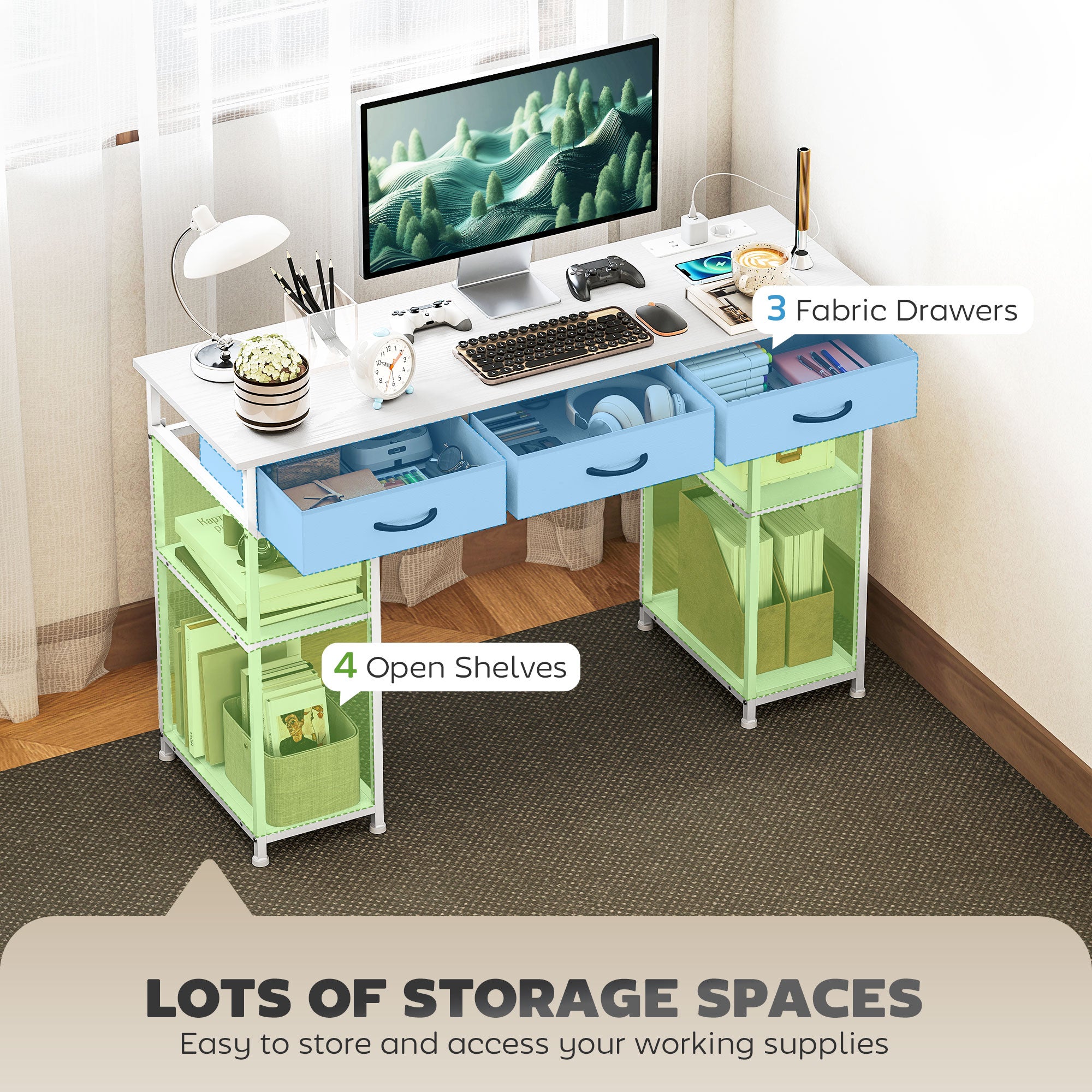 Bureau HOMCOM avec 2 Ports de Charge USB et 2 Prises, Bureau de Rangement 120 x 40 cm, Étagères Réglables et 3 Tiroirs en Tissu, Station de Travail, Cadre en Acier, Blanc